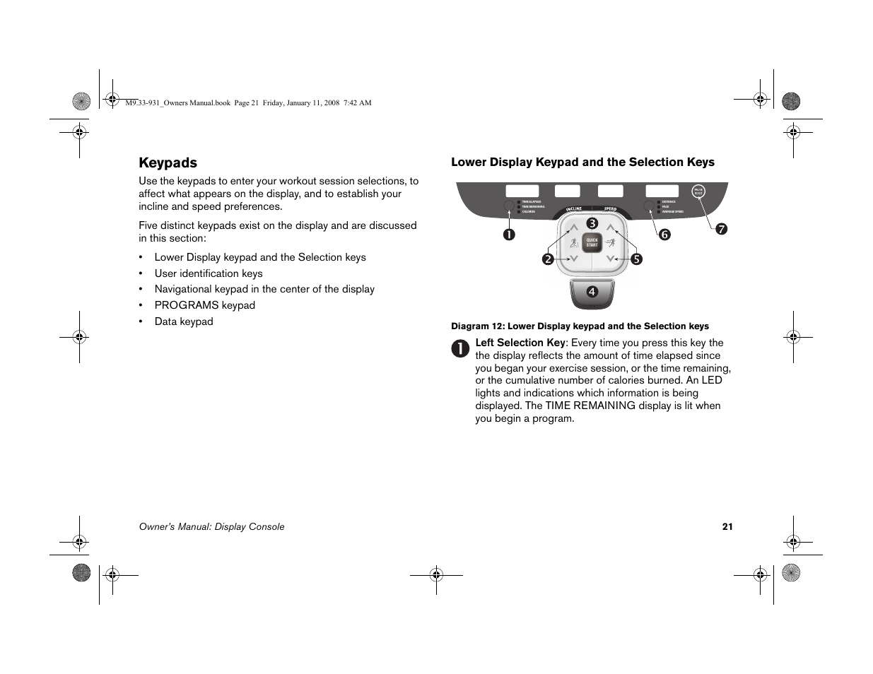 Keypads, Lower display keypad and the selection keys | Precor LOW-IMPACT TREADMILLS 9.33 User Manual | Page 23 / 86