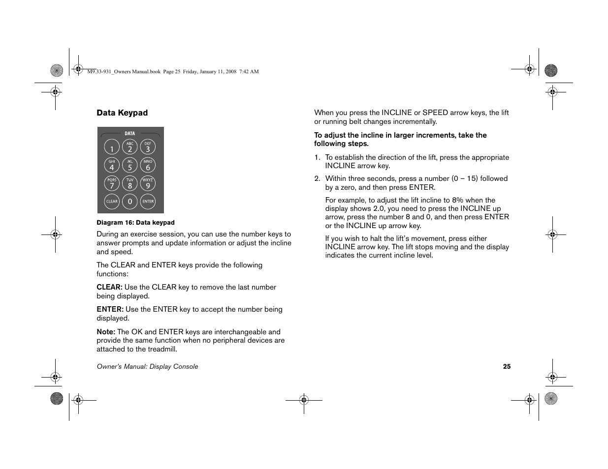 Number keys. refer to data keypad, Data keypad | Precor LOW-IMPACT TREADMILLS 9.33 User Manual | Page 27 / 86