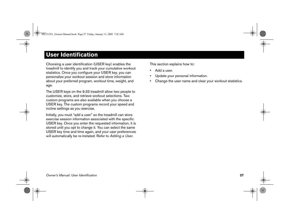 User identification | Precor LOW-IMPACT TREADMILLS 9.33 User Manual | Page 29 / 86