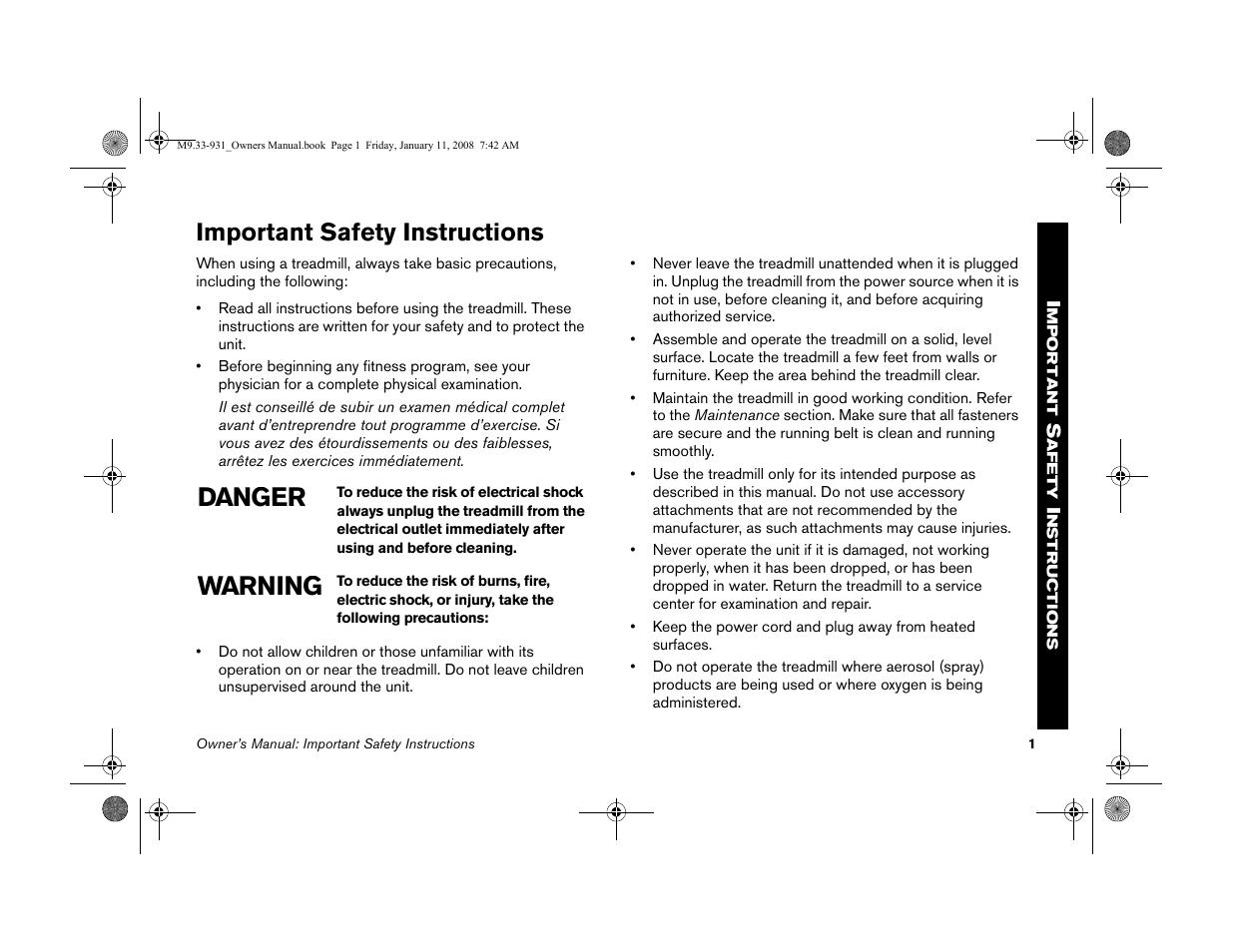 Important safety instructions, Danger warning | Precor LOW-IMPACT TREADMILLS 9.33 User Manual | Page 3 / 86