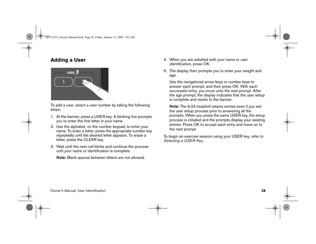 Adding a user | Precor LOW-IMPACT TREADMILLS 9.33 User Manual | Page 30 / 86