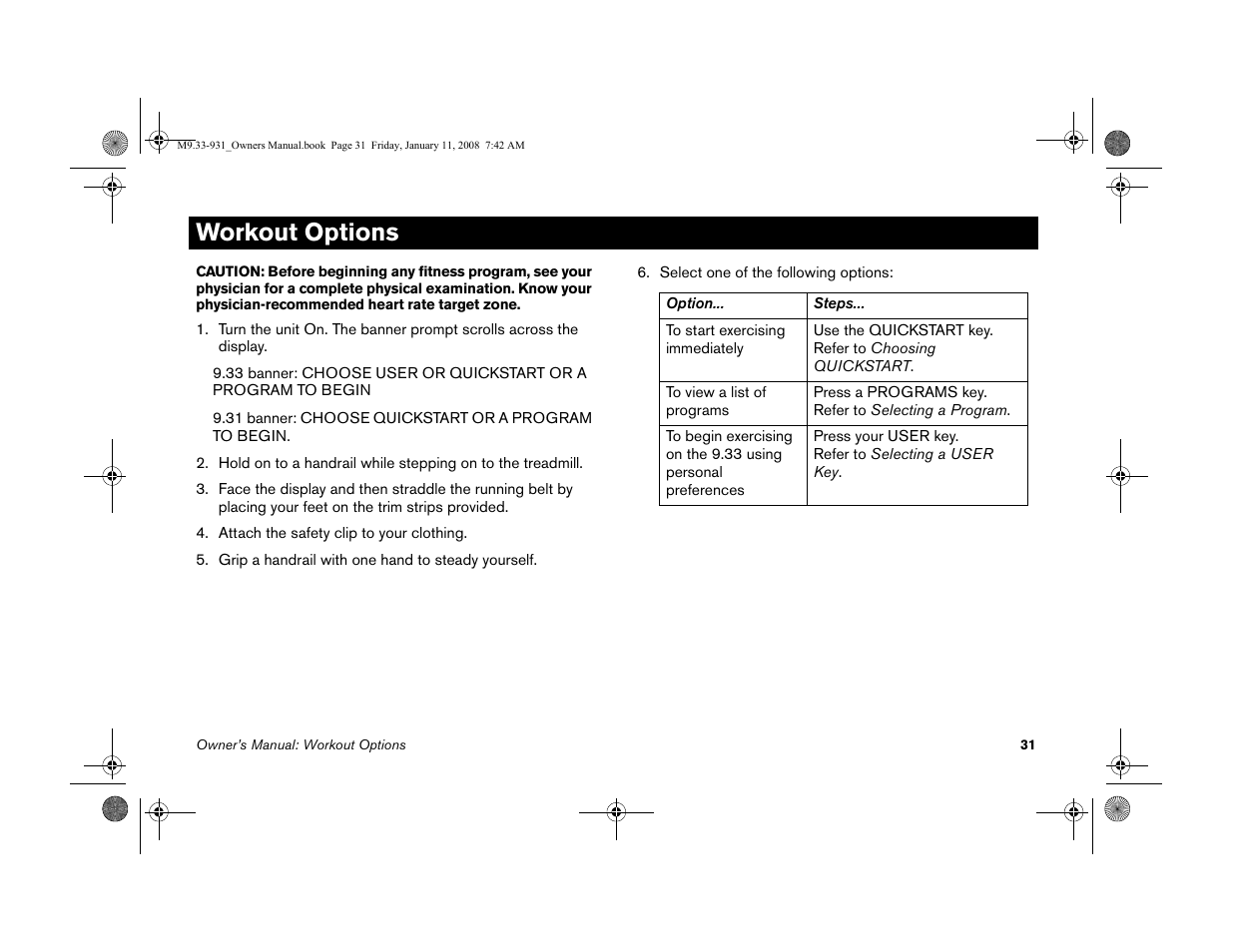 Workout options | Precor LOW-IMPACT TREADMILLS 9.33 User Manual | Page 33 / 86