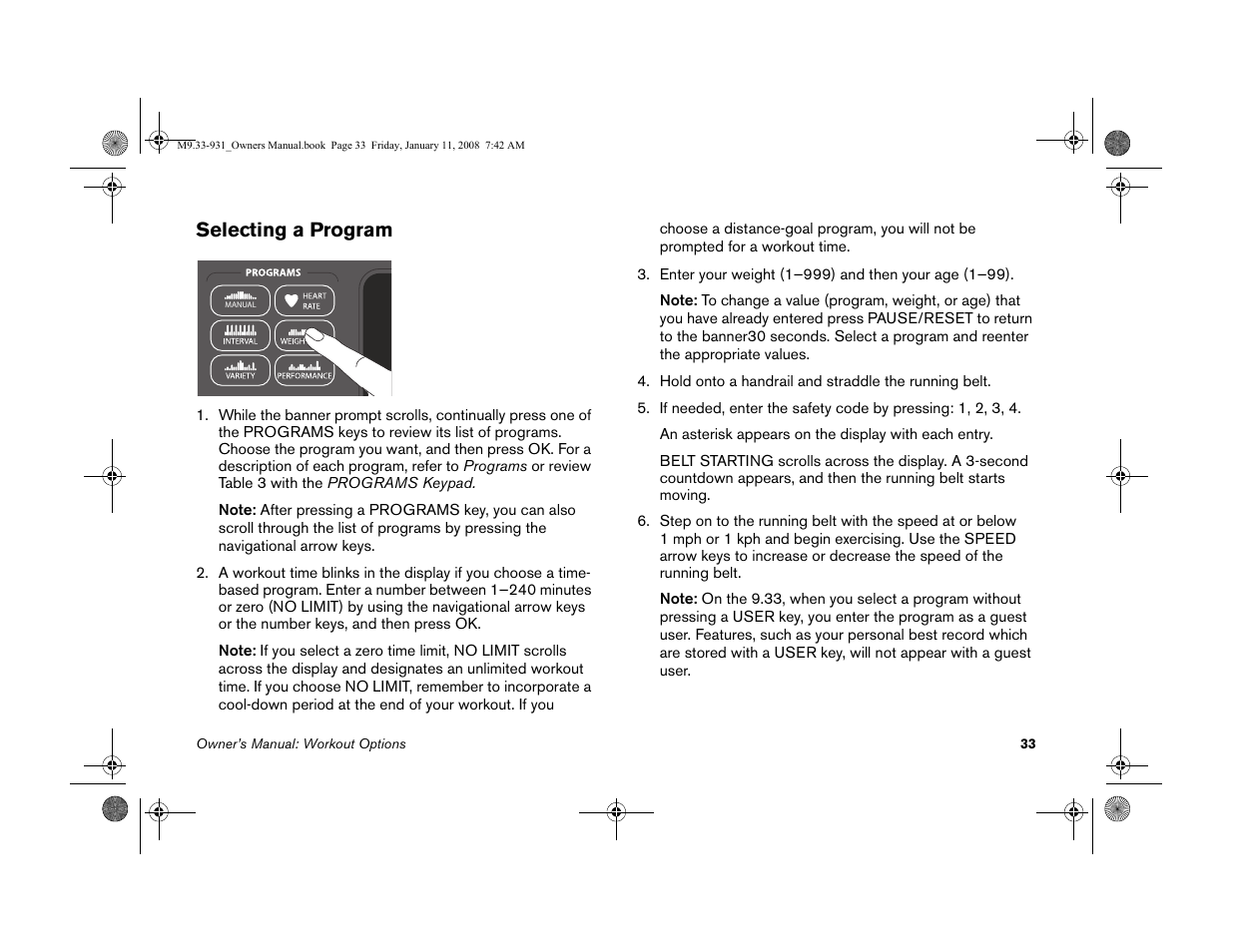 Selecting a program | Precor LOW-IMPACT TREADMILLS 9.33 User Manual | Page 35 / 86