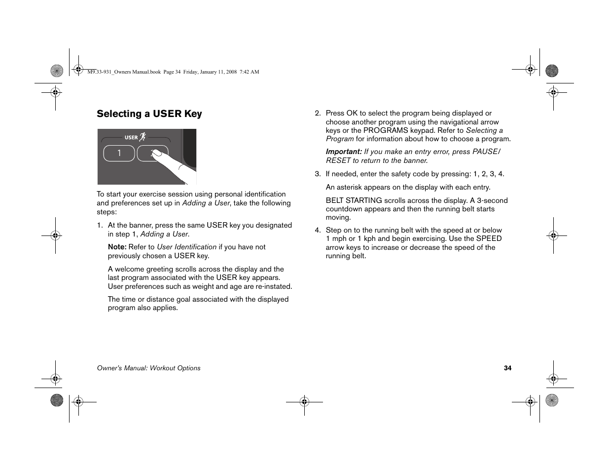 Selecting a user key | Precor LOW-IMPACT TREADMILLS 9.33 User Manual | Page 36 / 86