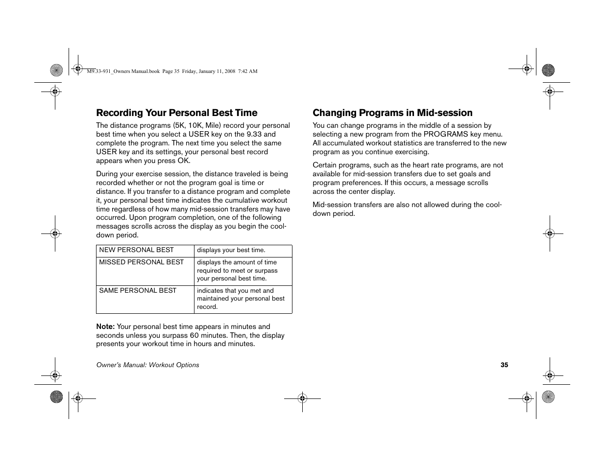 Recording your personal best time, Changing programs in mid-session | Precor LOW-IMPACT TREADMILLS 9.33 User Manual | Page 37 / 86