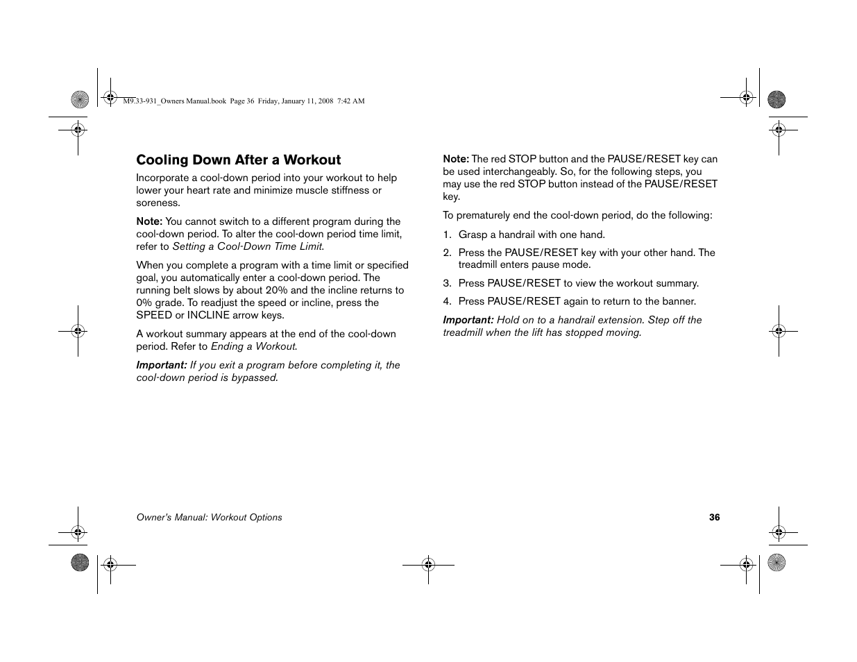 Cooling down after a workout | Precor LOW-IMPACT TREADMILLS 9.33 User Manual | Page 38 / 86