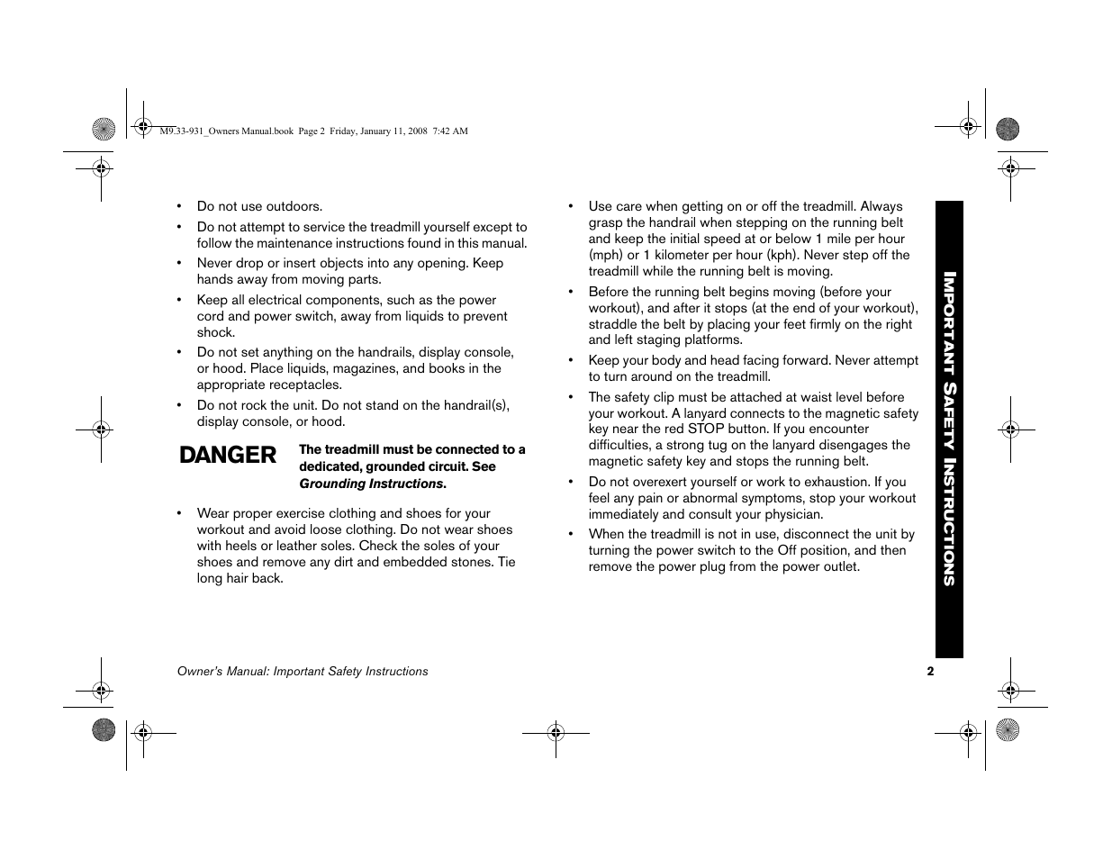 Danger | Precor LOW-IMPACT TREADMILLS 9.33 User Manual | Page 4 / 86