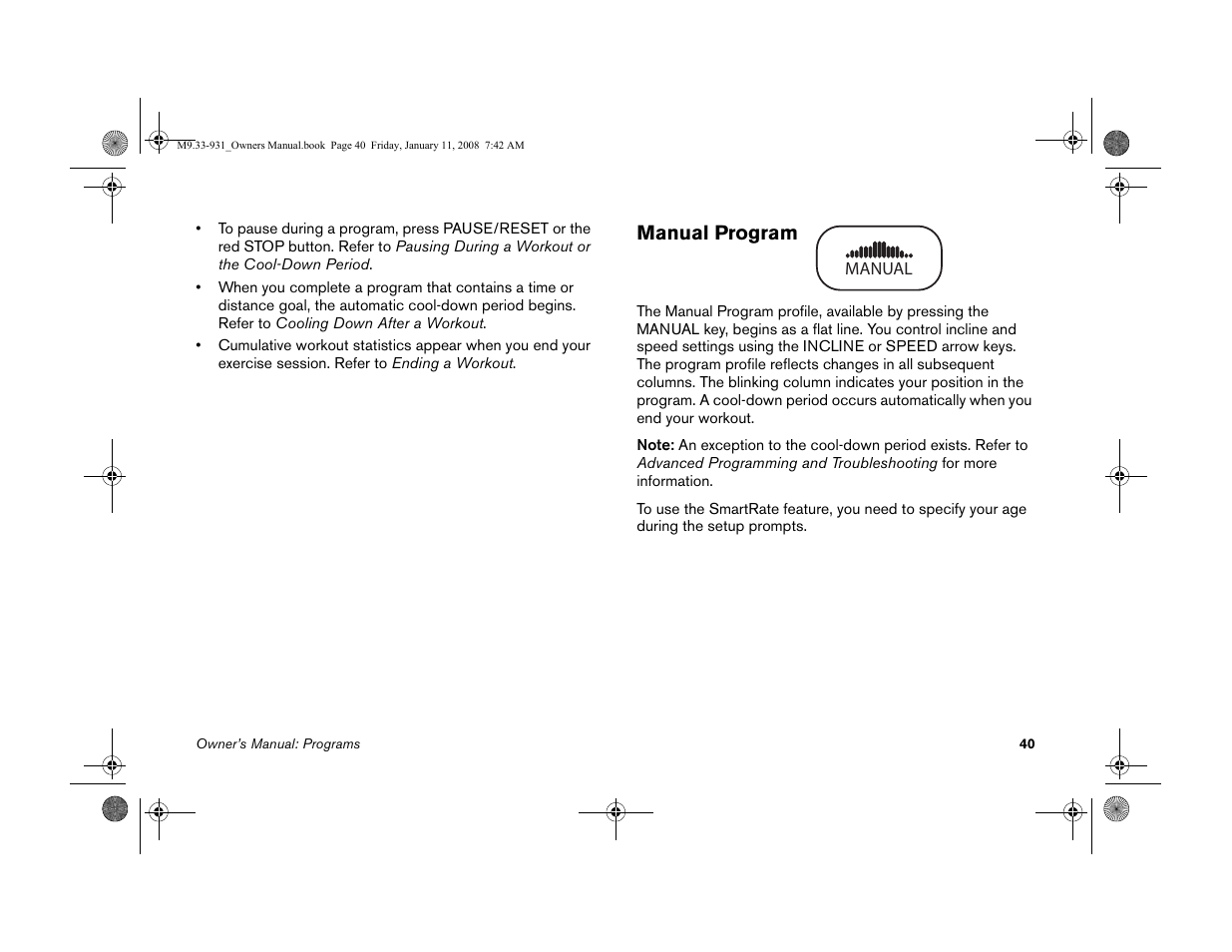 Manual program | Precor LOW-IMPACT TREADMILLS 9.33 User Manual | Page 42 / 86