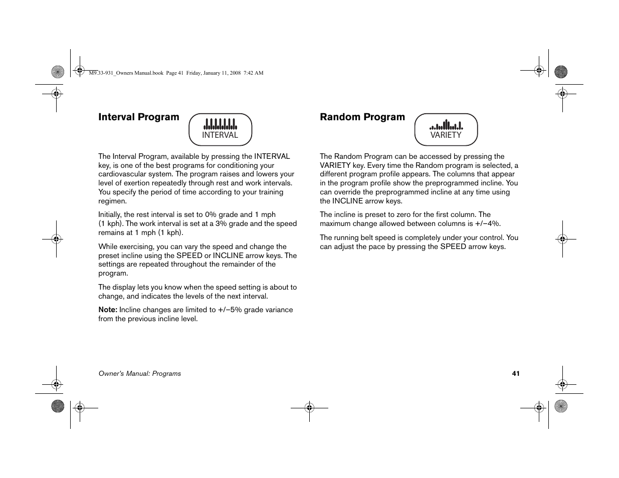 Interval program, Random program, Interval program random program | Precor LOW-IMPACT TREADMILLS 9.33 User Manual | Page 43 / 86