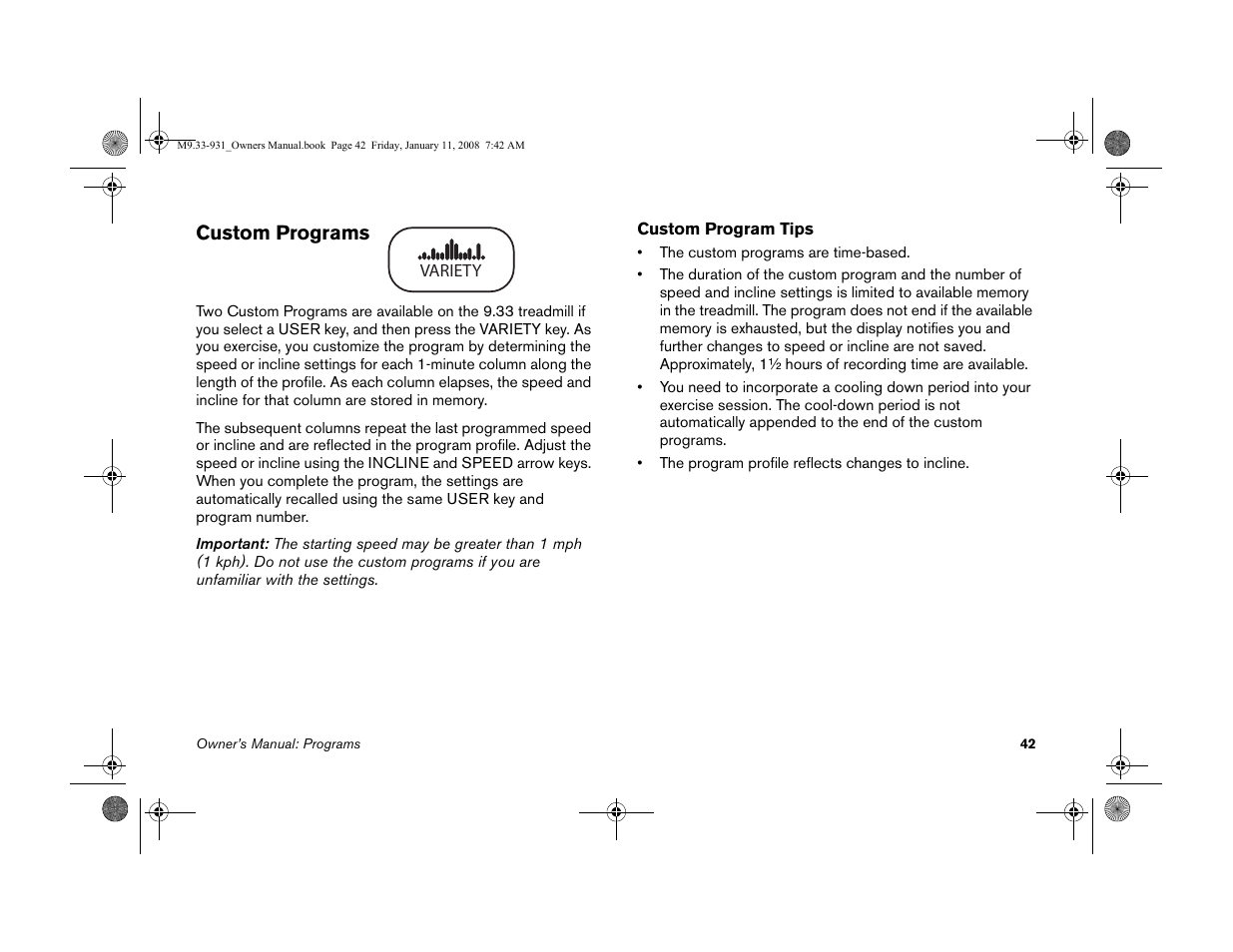 Custom programs | Precor LOW-IMPACT TREADMILLS 9.33 User Manual | Page 44 / 86