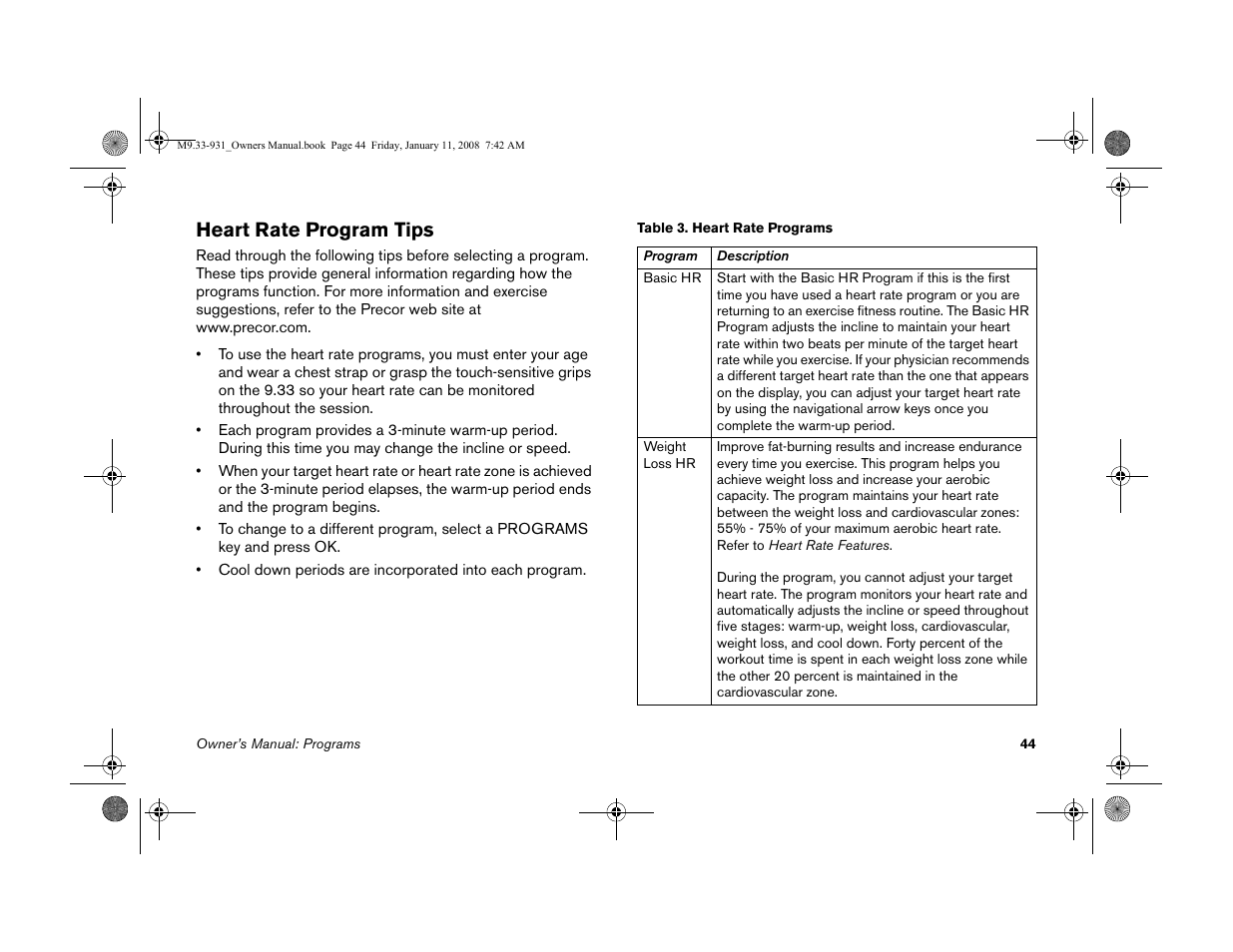 Heart rate program tips | Precor LOW-IMPACT TREADMILLS 9.33 User Manual | Page 46 / 86