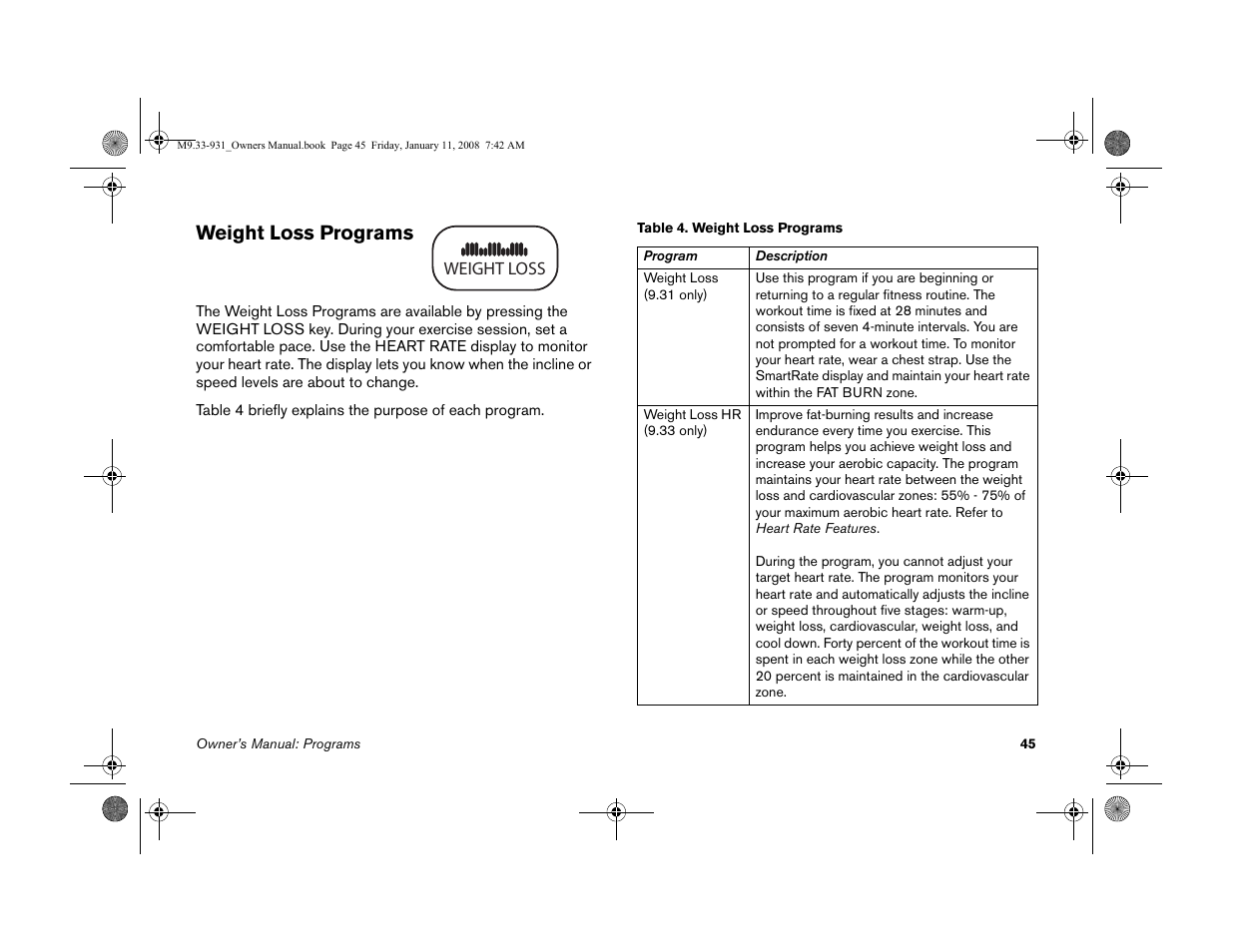 Weight loss programs | Precor LOW-IMPACT TREADMILLS 9.33 User Manual | Page 47 / 86