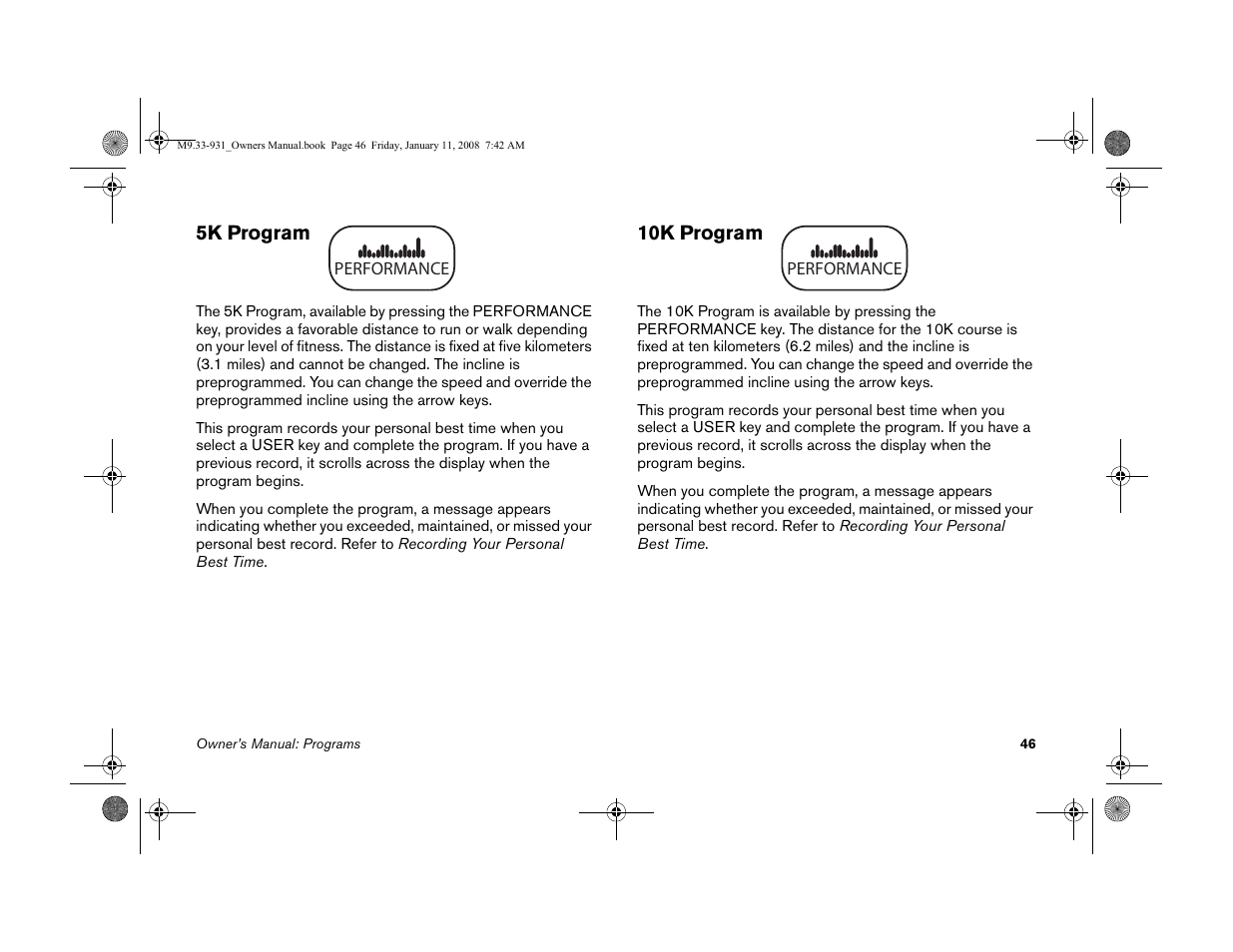 5k program, 10k program, 5k program 10k program | Precor LOW-IMPACT TREADMILLS 9.33 User Manual | Page 48 / 86