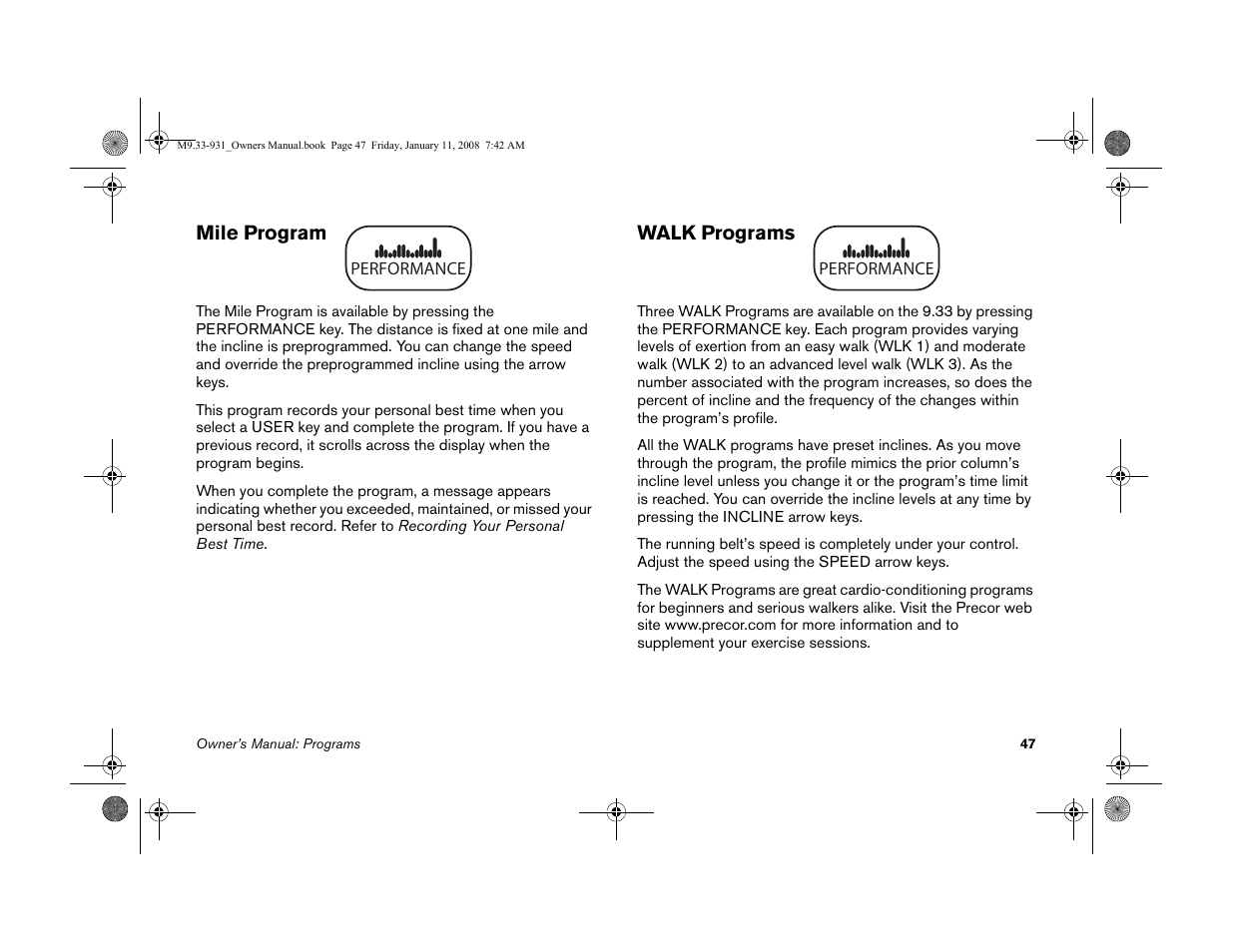 Mile program, Walk programs, Mile program walk programs | Precor LOW-IMPACT TREADMILLS 9.33 User Manual | Page 49 / 86