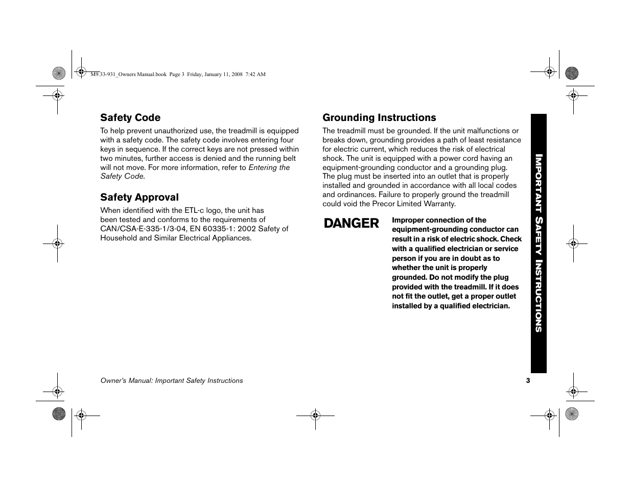 Safety code, Safety approval, Grounding instructions | Danger | Precor LOW-IMPACT TREADMILLS 9.33 User Manual | Page 5 / 86