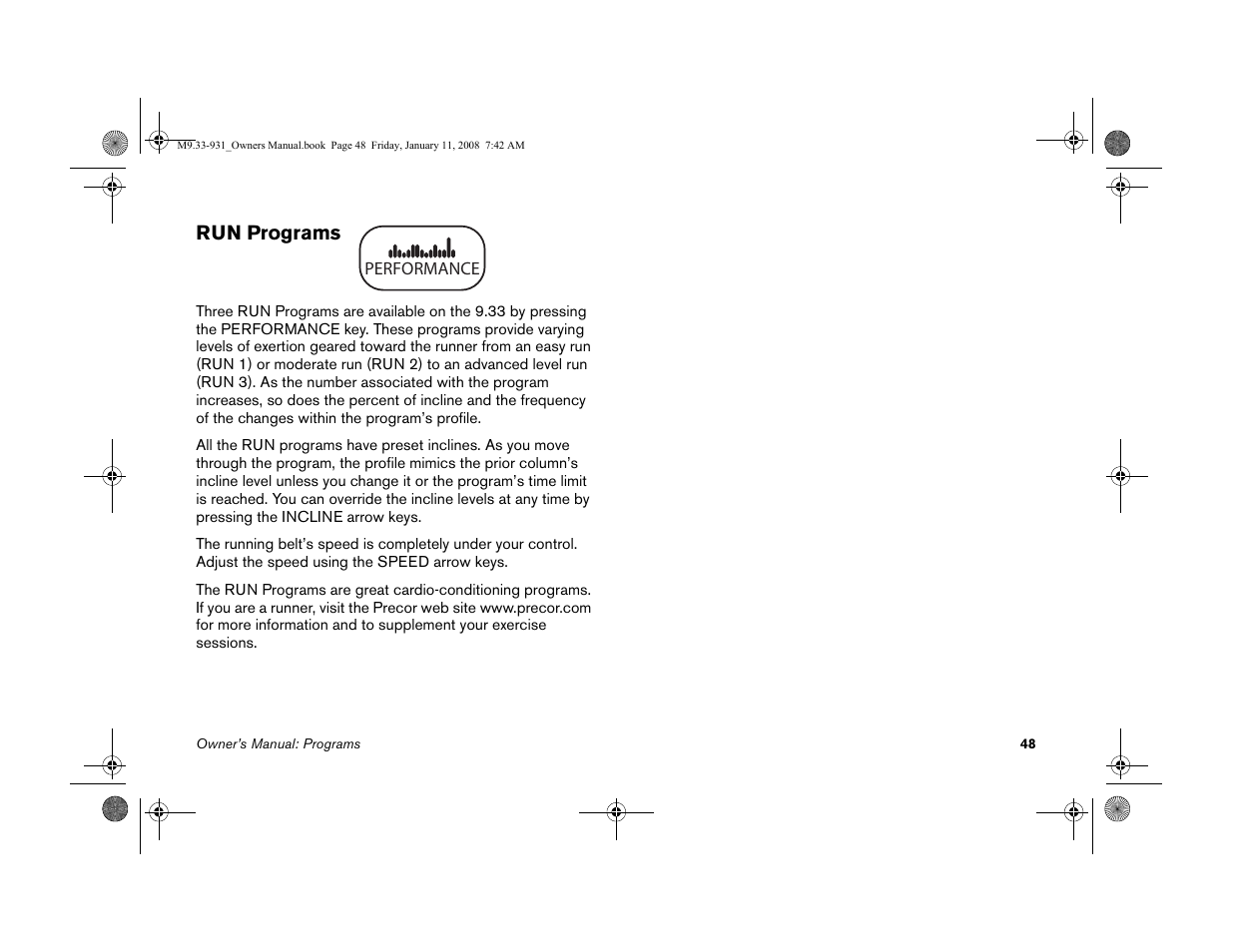 Run programs | Precor LOW-IMPACT TREADMILLS 9.33 User Manual | Page 50 / 86