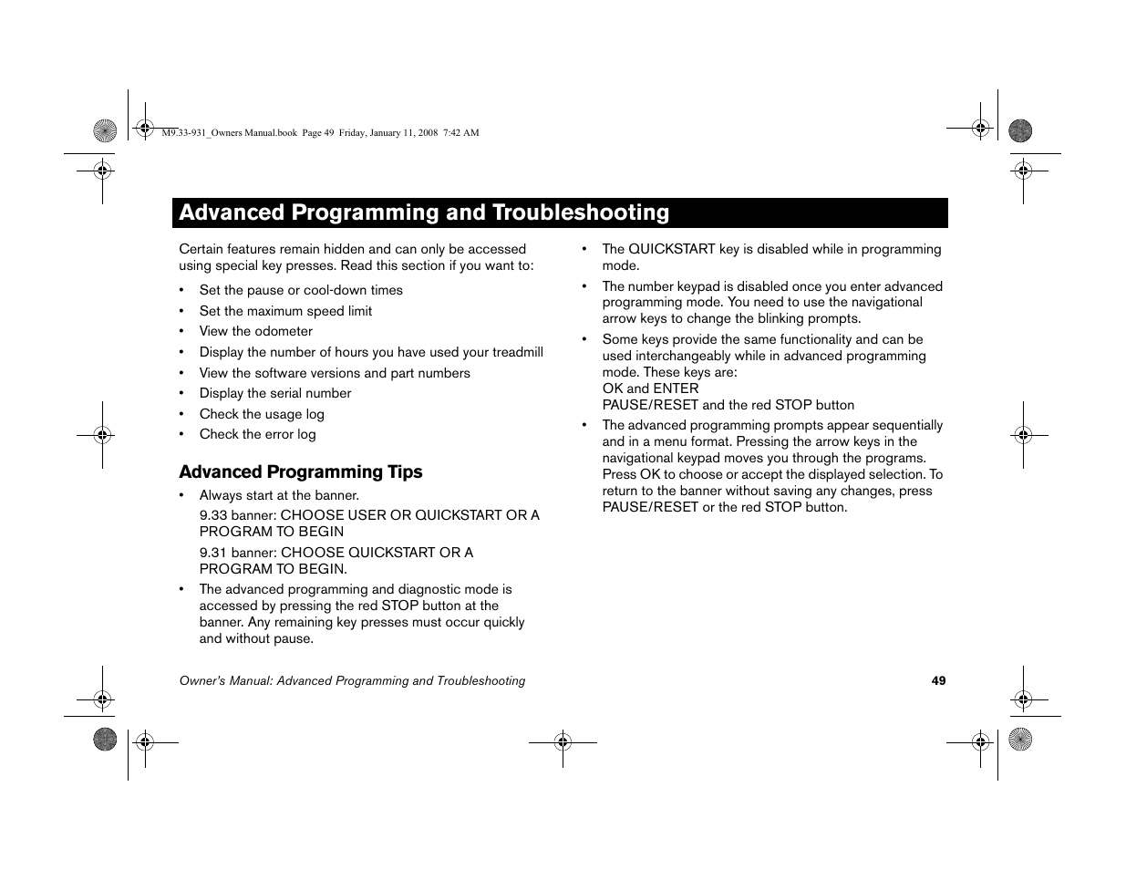 Advanced programming and troubleshooting, Advanced programming tips | Precor LOW-IMPACT TREADMILLS 9.33 User Manual | Page 51 / 86