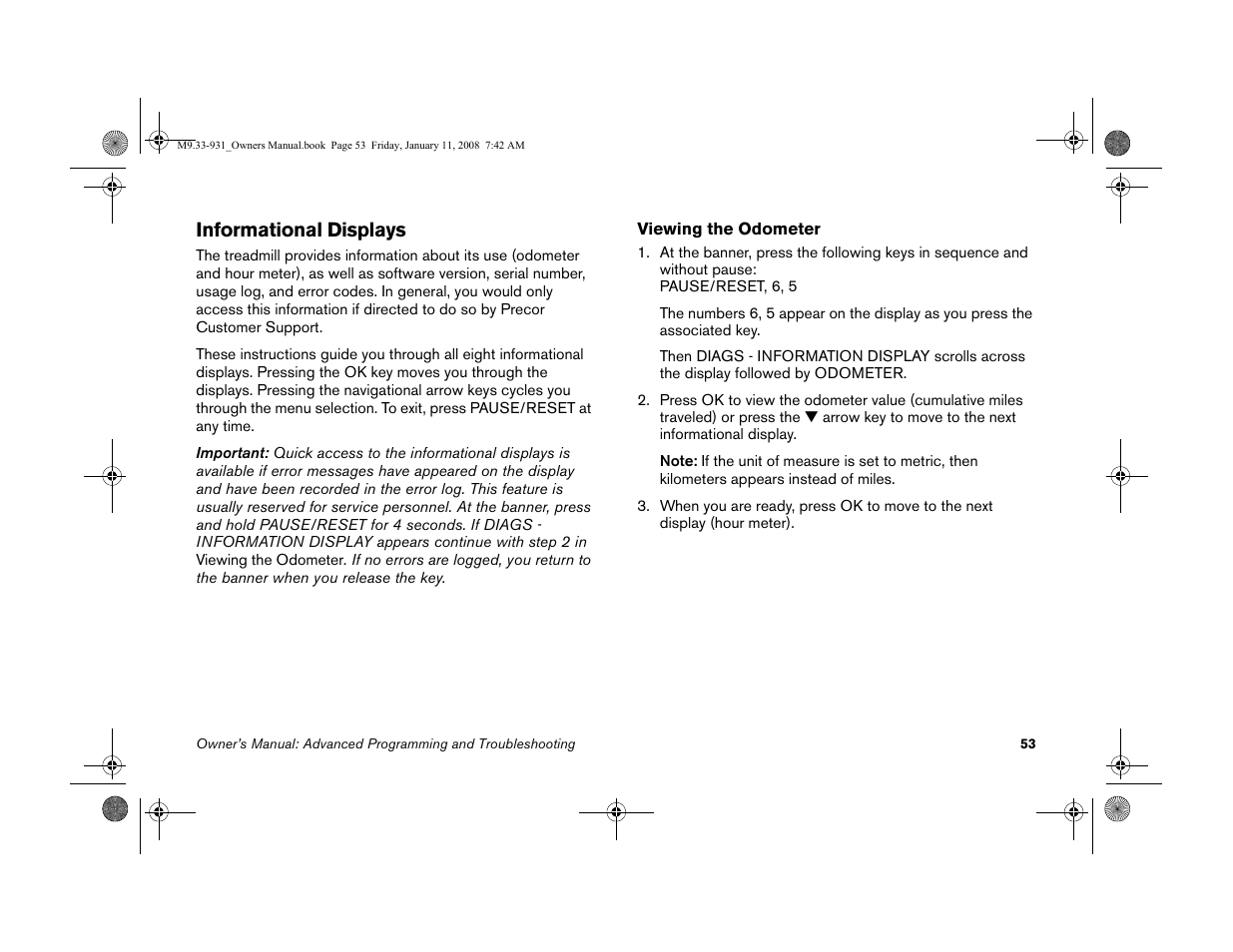 Informational displays | Precor LOW-IMPACT TREADMILLS 9.33 User Manual | Page 55 / 86