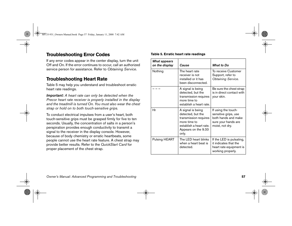 Troubleshooting error codes, Troubleshooting heart rate | Precor LOW-IMPACT TREADMILLS 9.33 User Manual | Page 59 / 86