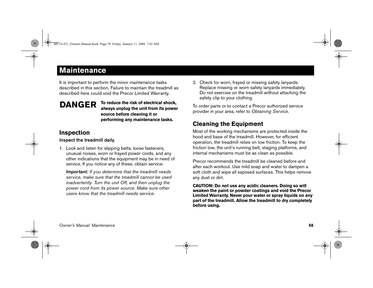 Maintenance, Inspection, Cleaning the equipment | Inspection cleaning the equipment, Danger | Precor LOW-IMPACT TREADMILLS 9.33 User Manual | Page 60 / 86