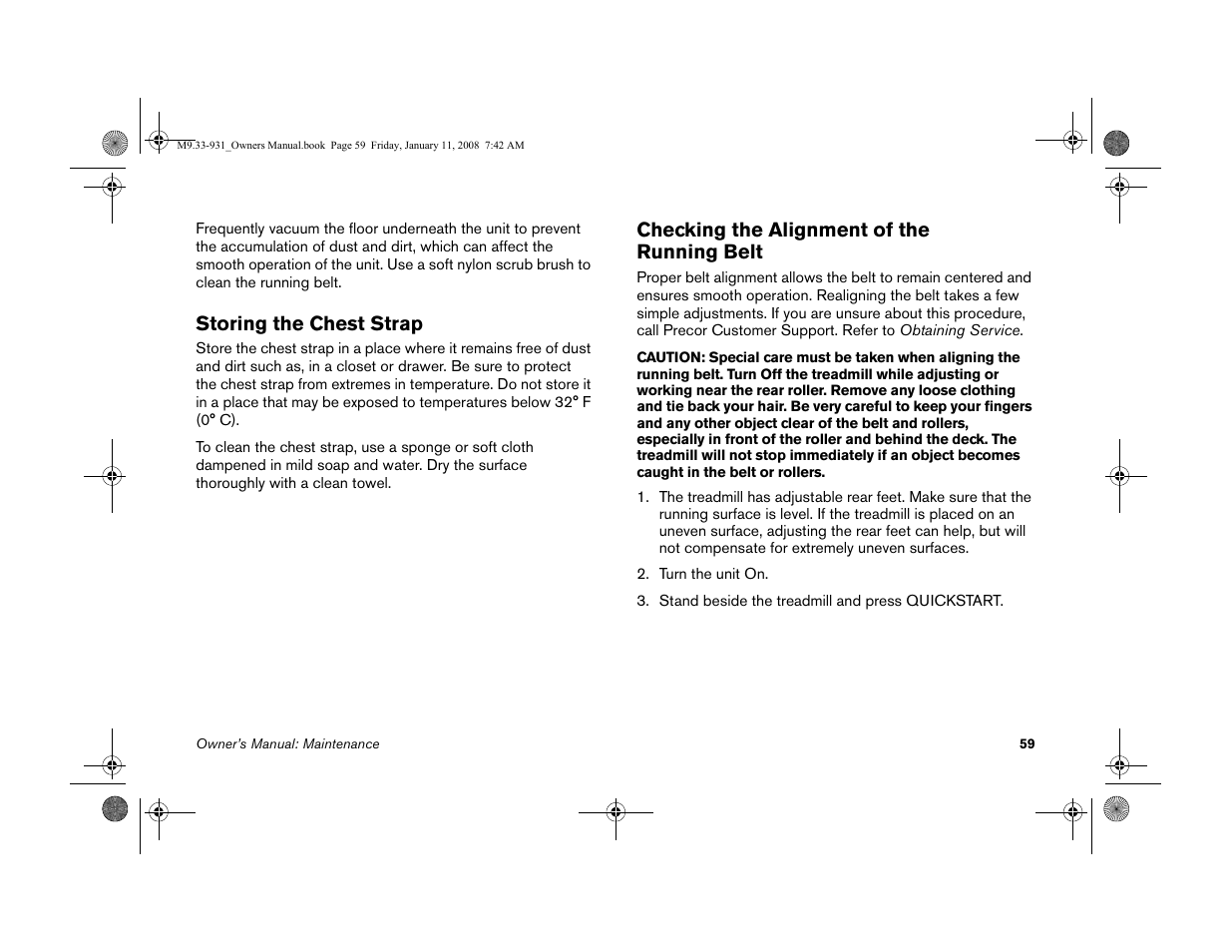 Storing the chest strap, Checking the alignment of the running belt | Precor LOW-IMPACT TREADMILLS 9.33 User Manual | Page 61 / 86