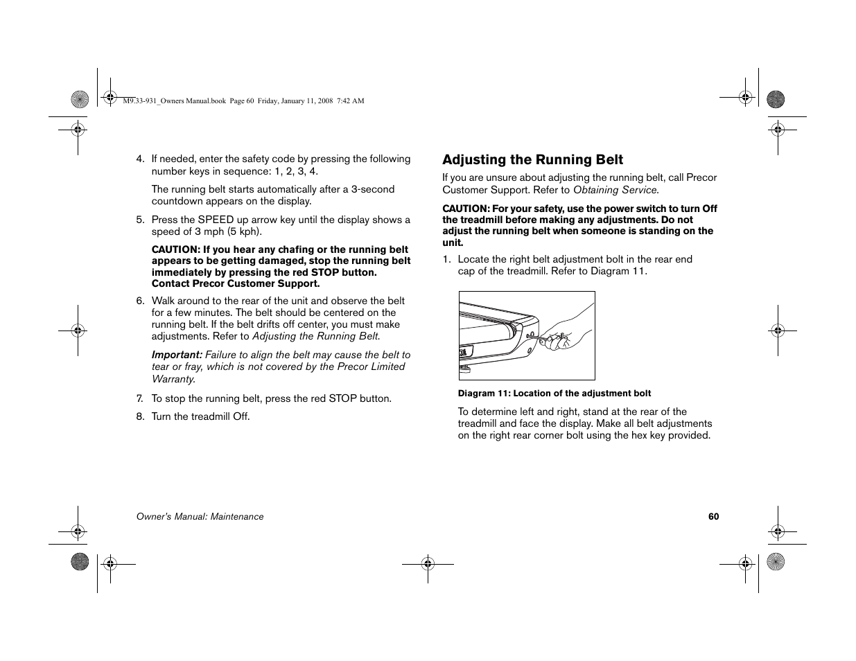 Adjusting the running belt | Precor LOW-IMPACT TREADMILLS 9.33 User Manual | Page 62 / 86