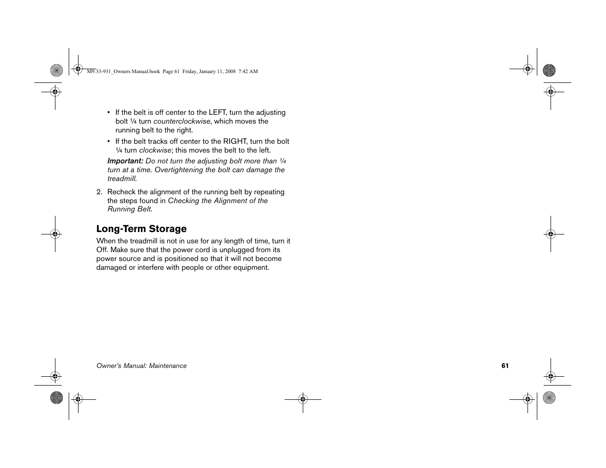 Long-term storage | Precor LOW-IMPACT TREADMILLS 9.33 User Manual | Page 63 / 86