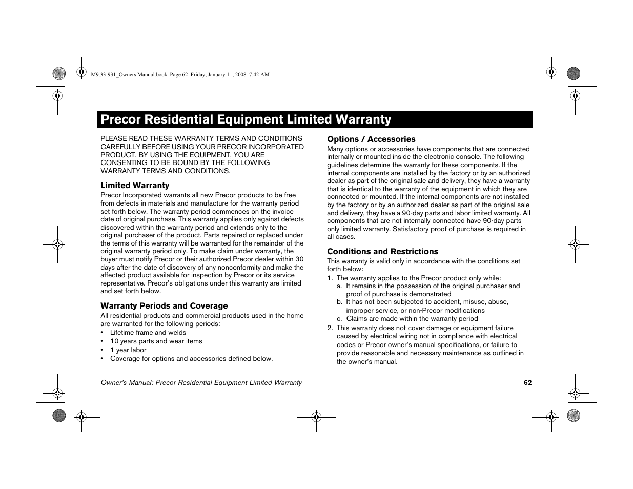 Precor residential equipment limited warranty | Precor LOW-IMPACT TREADMILLS 9.33 User Manual | Page 64 / 86