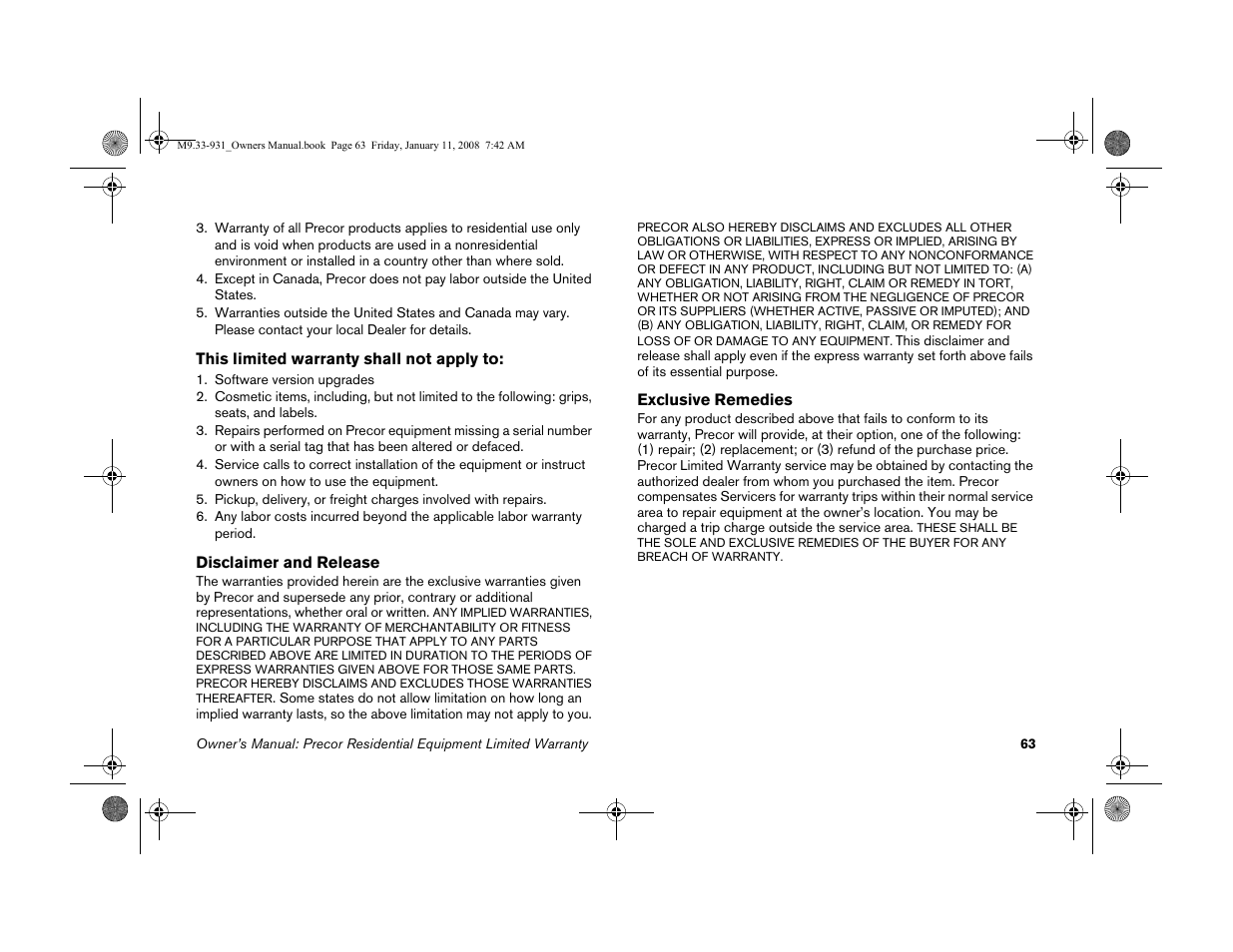 Precor LOW-IMPACT TREADMILLS 9.33 User Manual | Page 65 / 86