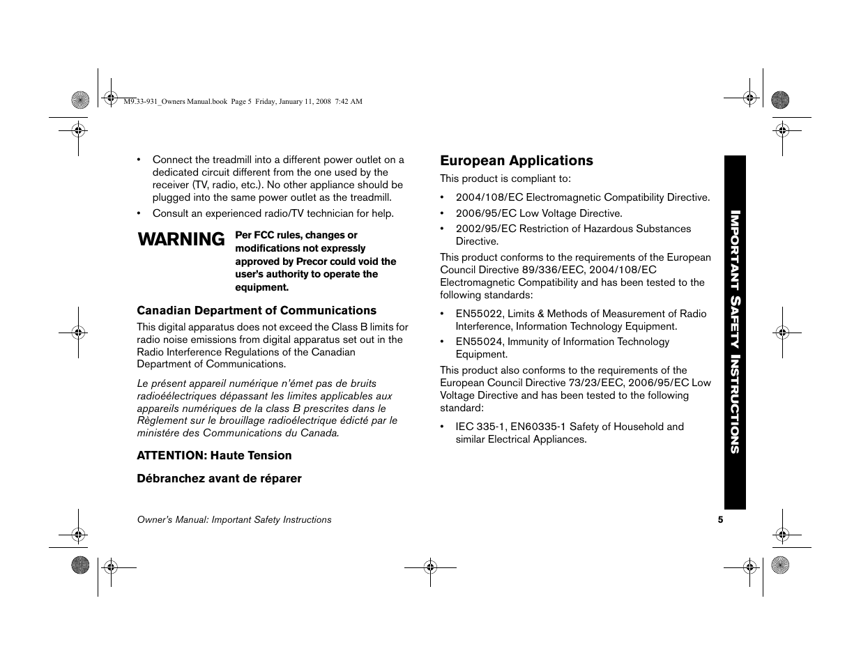 European applications, Warning | Precor LOW-IMPACT TREADMILLS 9.33 User Manual | Page 7 / 86