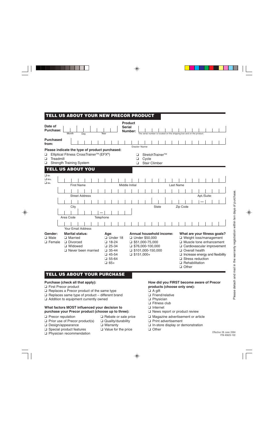 45632-102 retail registration card | Precor LOW-IMPACT TREADMILLS 9.33 User Manual | Page 70 / 86