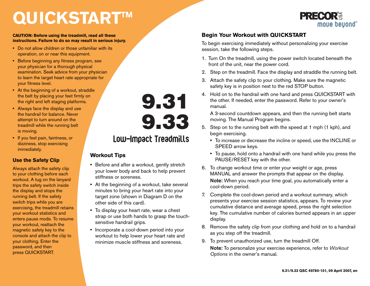 49780-101 9.31/9.33 quickstart, Use the safety clip, Workout tips | Begin your workout with quickstart, Quickstart | Precor LOW-IMPACT TREADMILLS 9.33 User Manual | Page 73 / 86