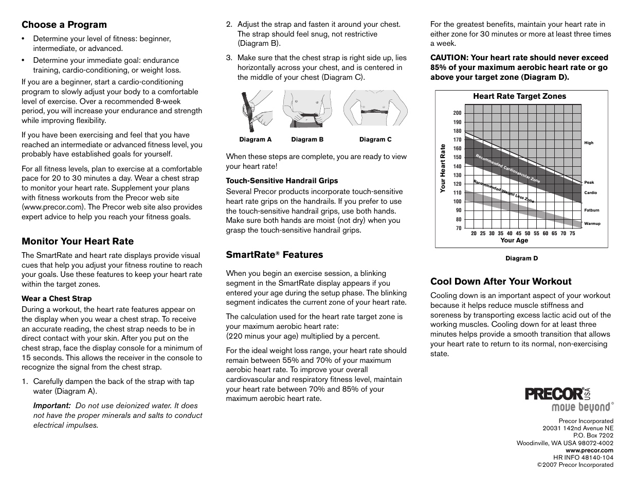 Choose a program, Monitor your heart rate, Smartrate® features | Cool down after your workout, Smartrate, Features | Precor LOW-IMPACT TREADMILLS 9.33 User Manual | Page 74 / 86