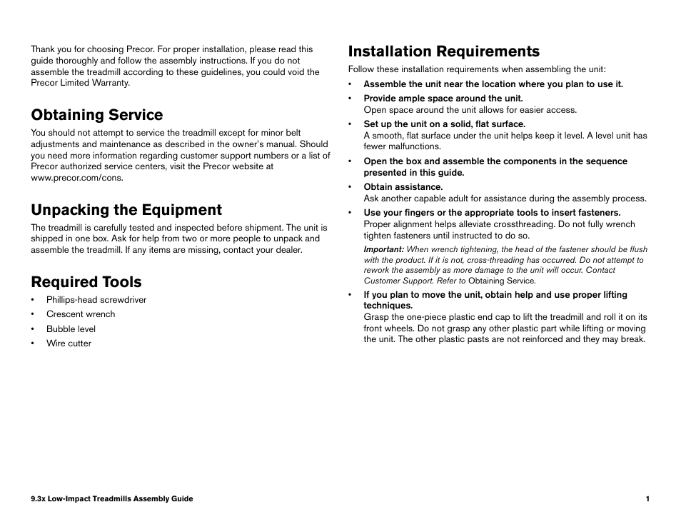 Obtaining service, Unpacking the equipment, Required tools | Installation requirements | Precor LOW-IMPACT TREADMILLS 9.33 User Manual | Page 77 / 86