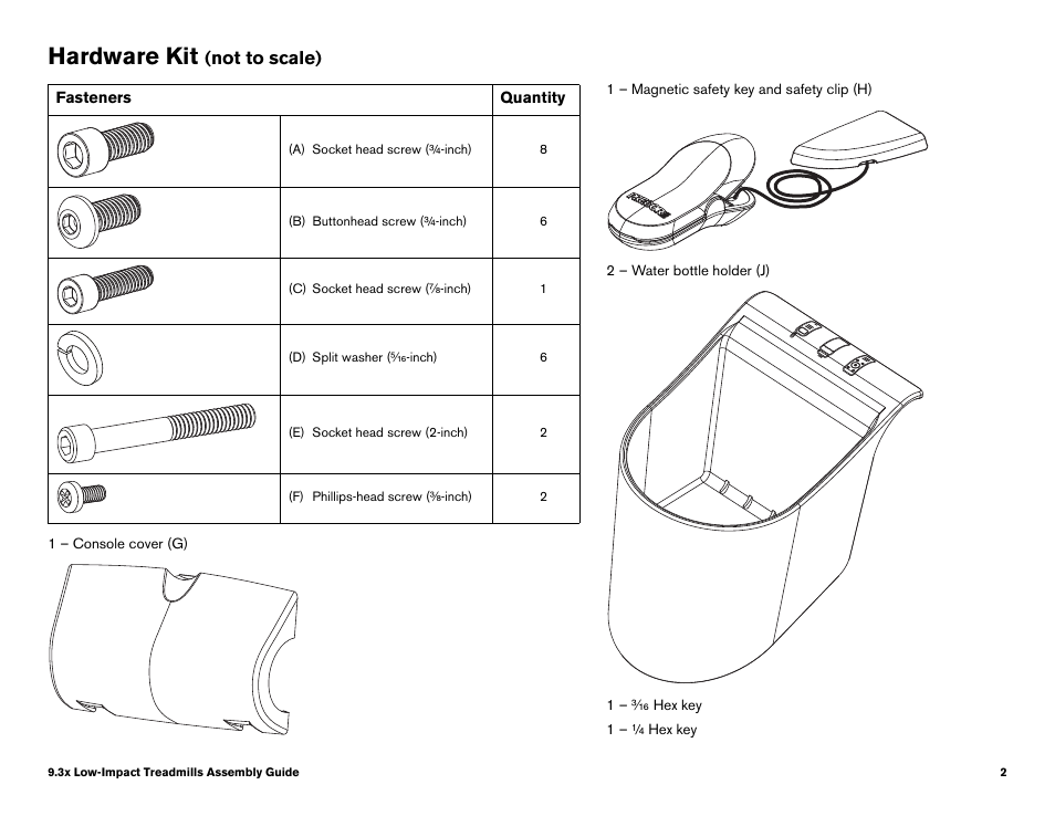 Hardware kit (not to scale), Hardware kit, Not to scale) | Precor LOW-IMPACT TREADMILLS 9.33 User Manual | Page 78 / 86