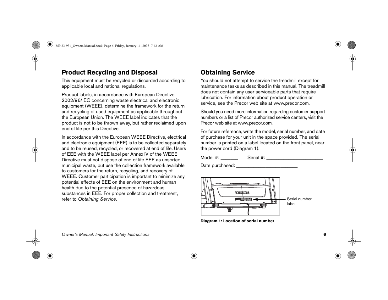 Product recycling and disposal, Obtaining service | Precor LOW-IMPACT TREADMILLS 9.33 User Manual | Page 8 / 86