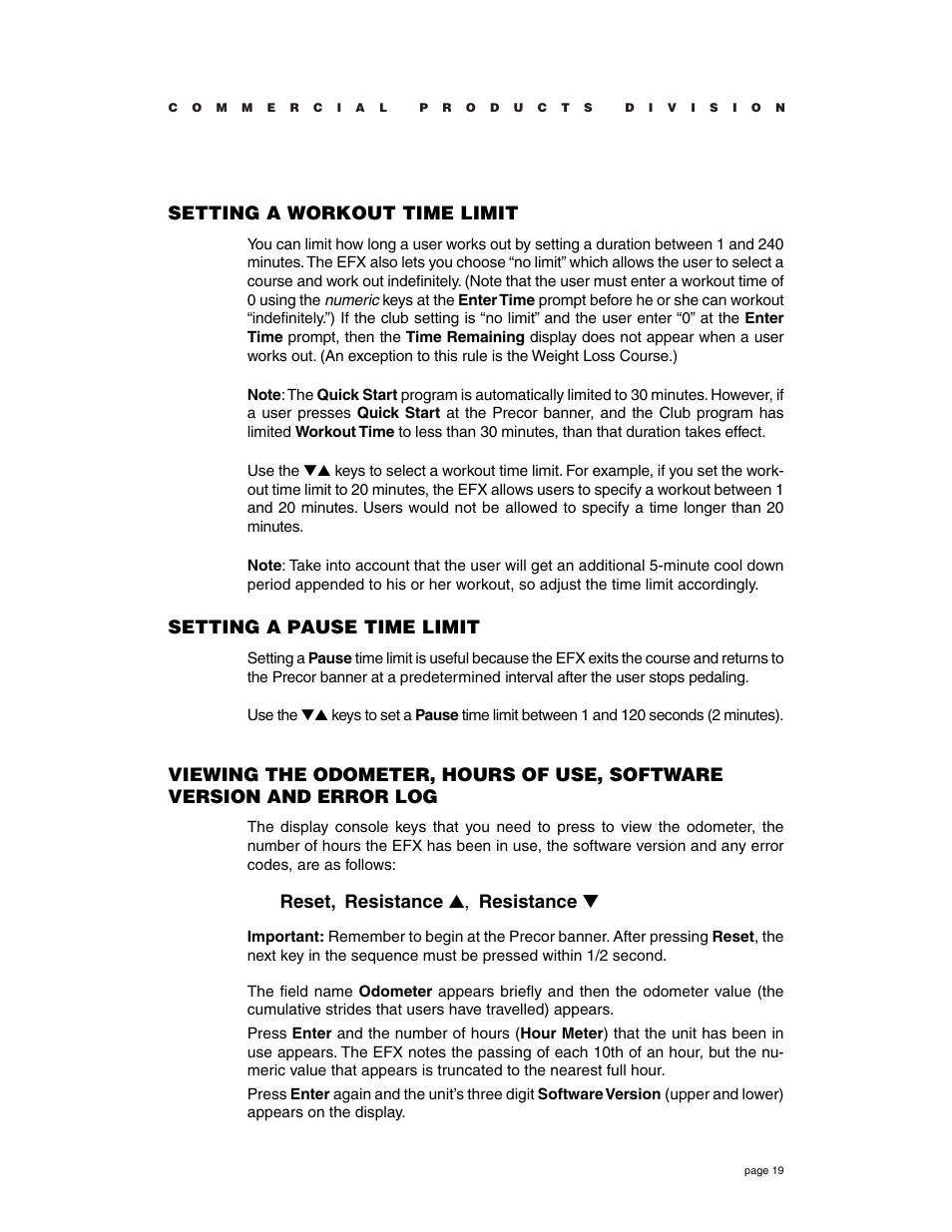 Setting a workout time limit, Setting a pause time limit, Reset, resistance ▲, resistance | Precor Commercial EFX EFX546 User Manual | Page 19 / 40