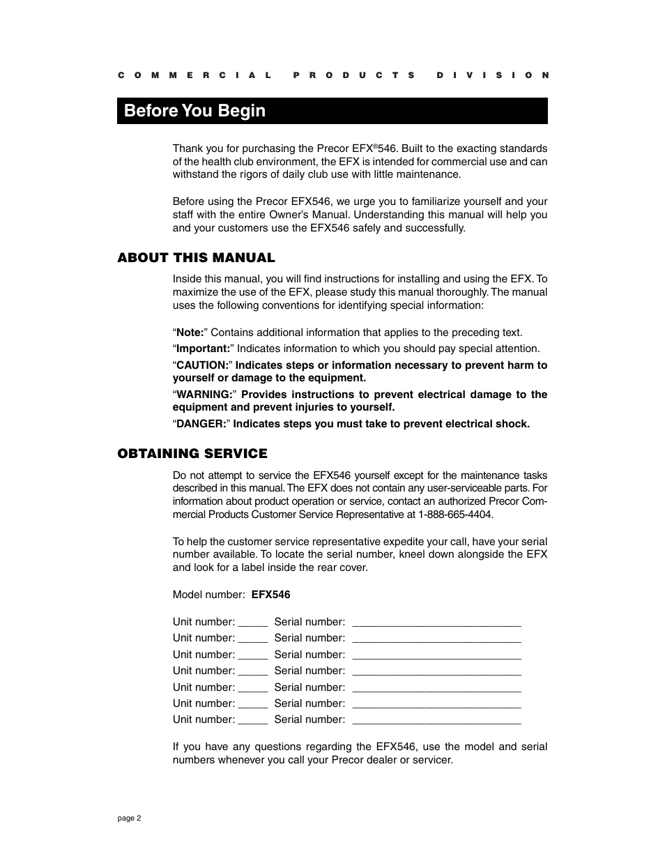 Before you begin, About this manual, Obtaining service | Precor Commercial EFX EFX546 User Manual | Page 2 / 40