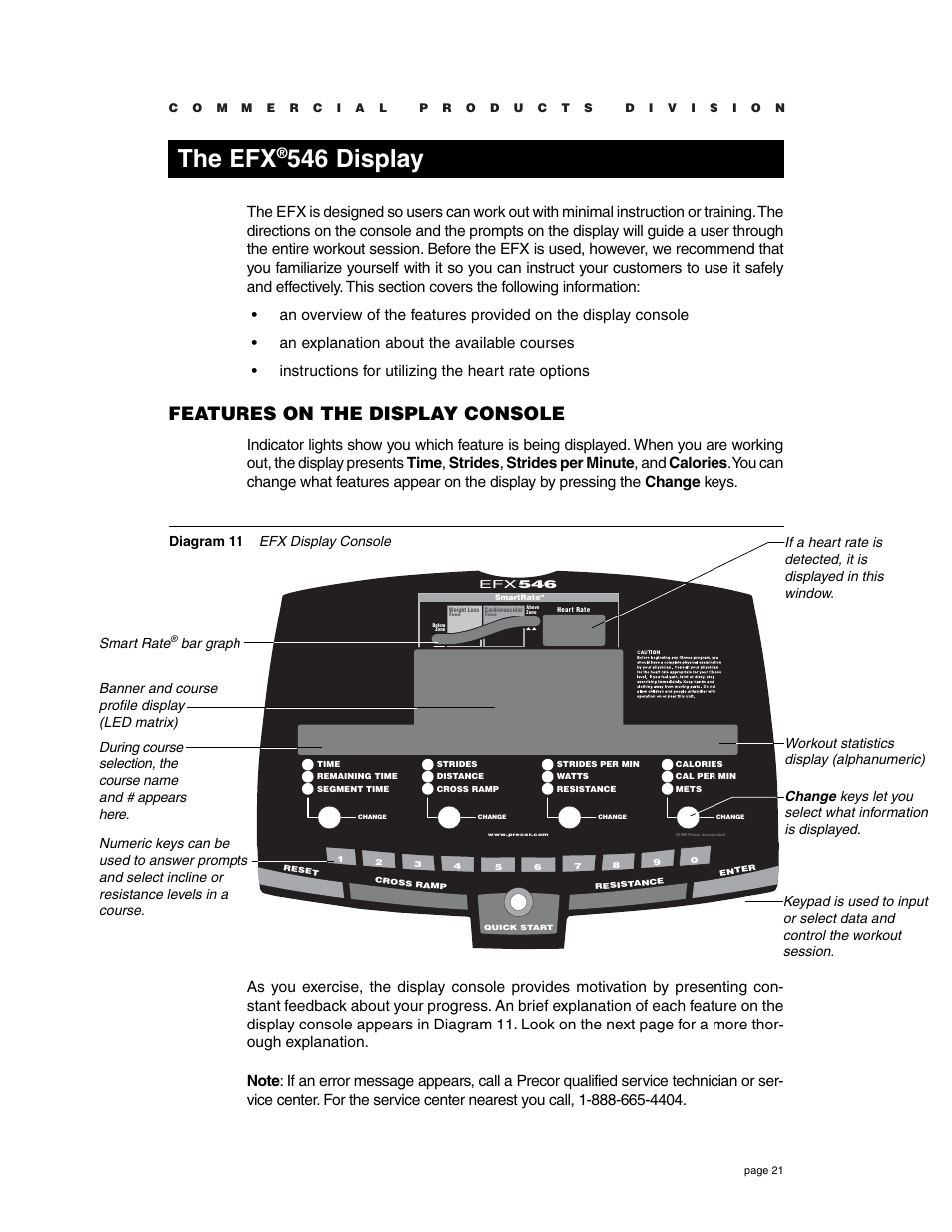 The efx546 display, Features on the display console, The efx | 546 display | Precor Commercial EFX EFX546 User Manual | Page 21 / 40