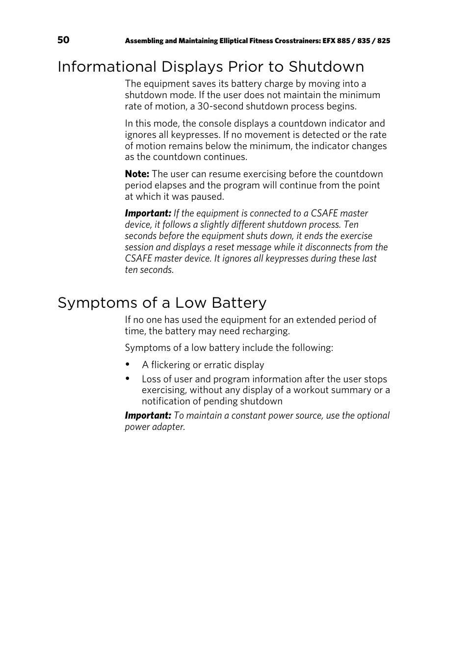 Informational displays prior to shutdown, Symptoms of a low battery | Precor p20 User Manual | Page 100 / 108