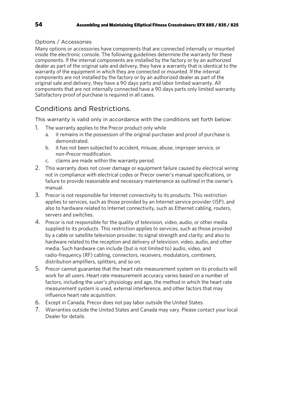 Conditions and restrictions | Precor p20 User Manual | Page 104 / 108