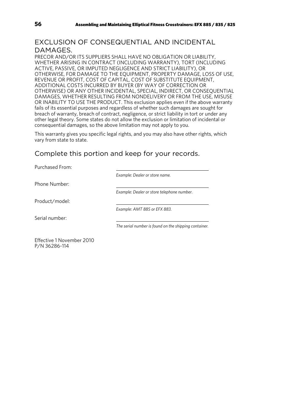 Exclusion of consequential and incidental damages, Complete this portion and keep for your records | Precor p20 User Manual | Page 106 / 108
