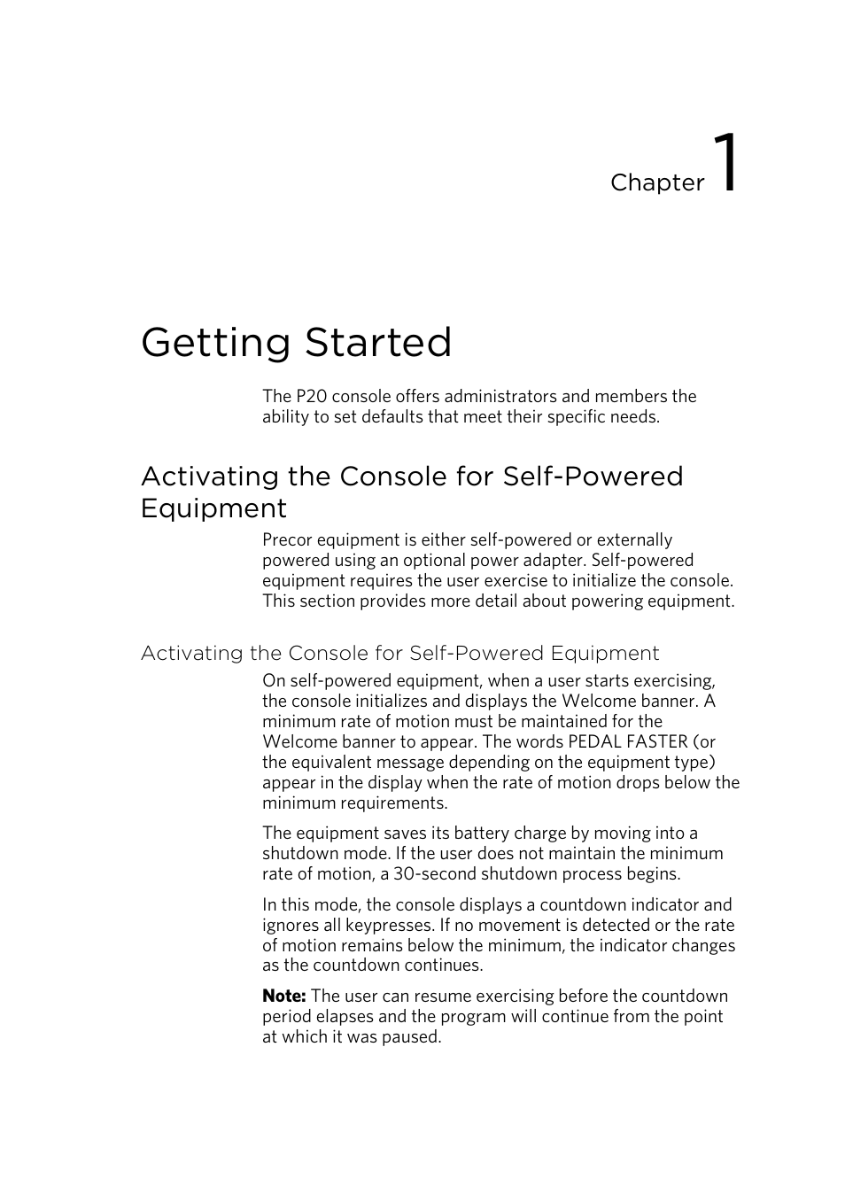 Getting started, Activating the console for self-powered equipment | Precor p20 User Manual | Page 15 / 108