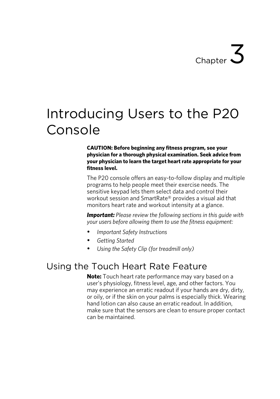 Introducing users to the p20 console, Using the touch heart rate feature | Precor p20 User Manual | Page 29 / 108