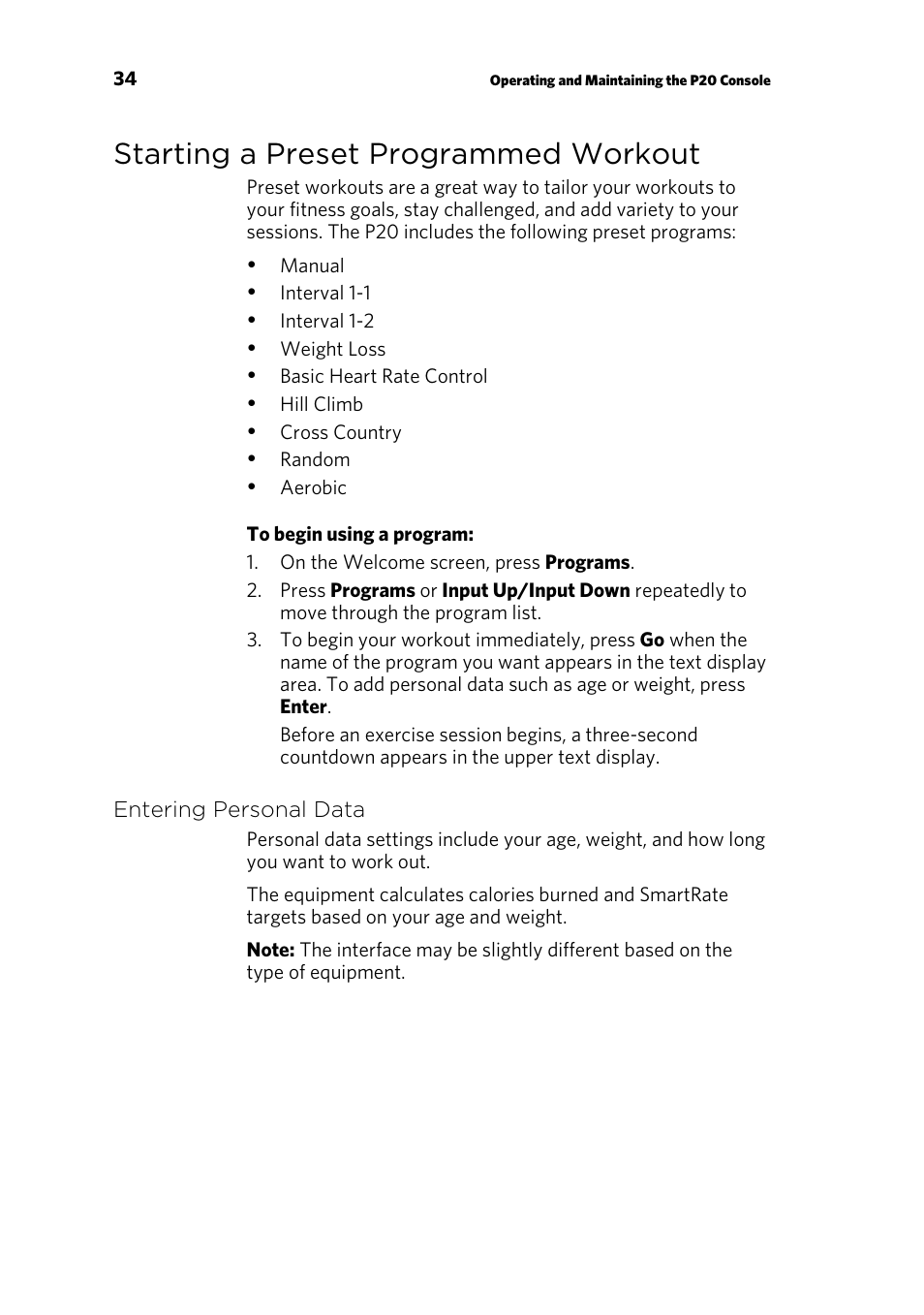 Starting a preset programmed workout, Entering personal data | Precor p20 User Manual | Page 36 / 108