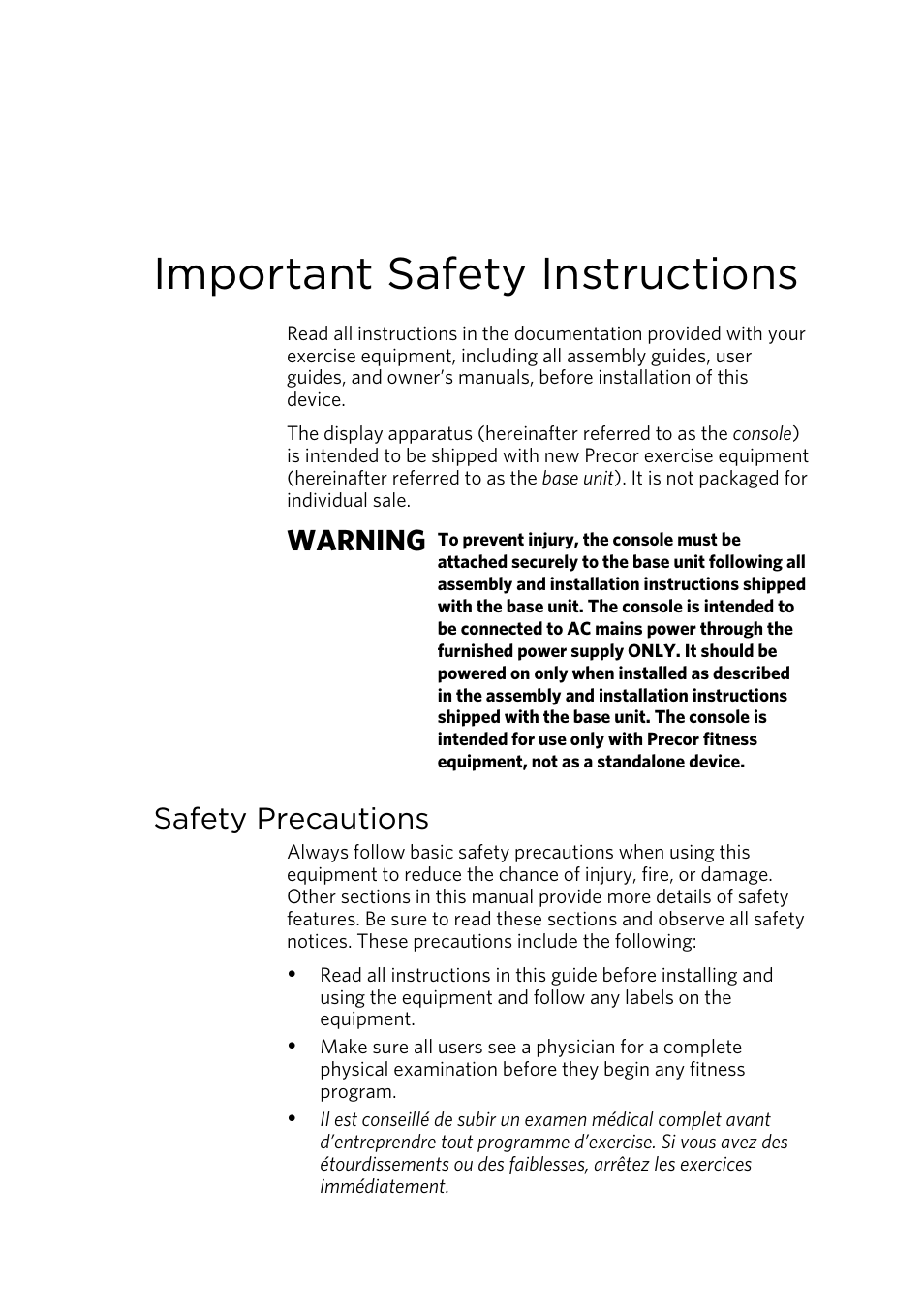Important safety instructions, Safety precautions, Warning | Precor p20 User Manual | Page 53 / 108
