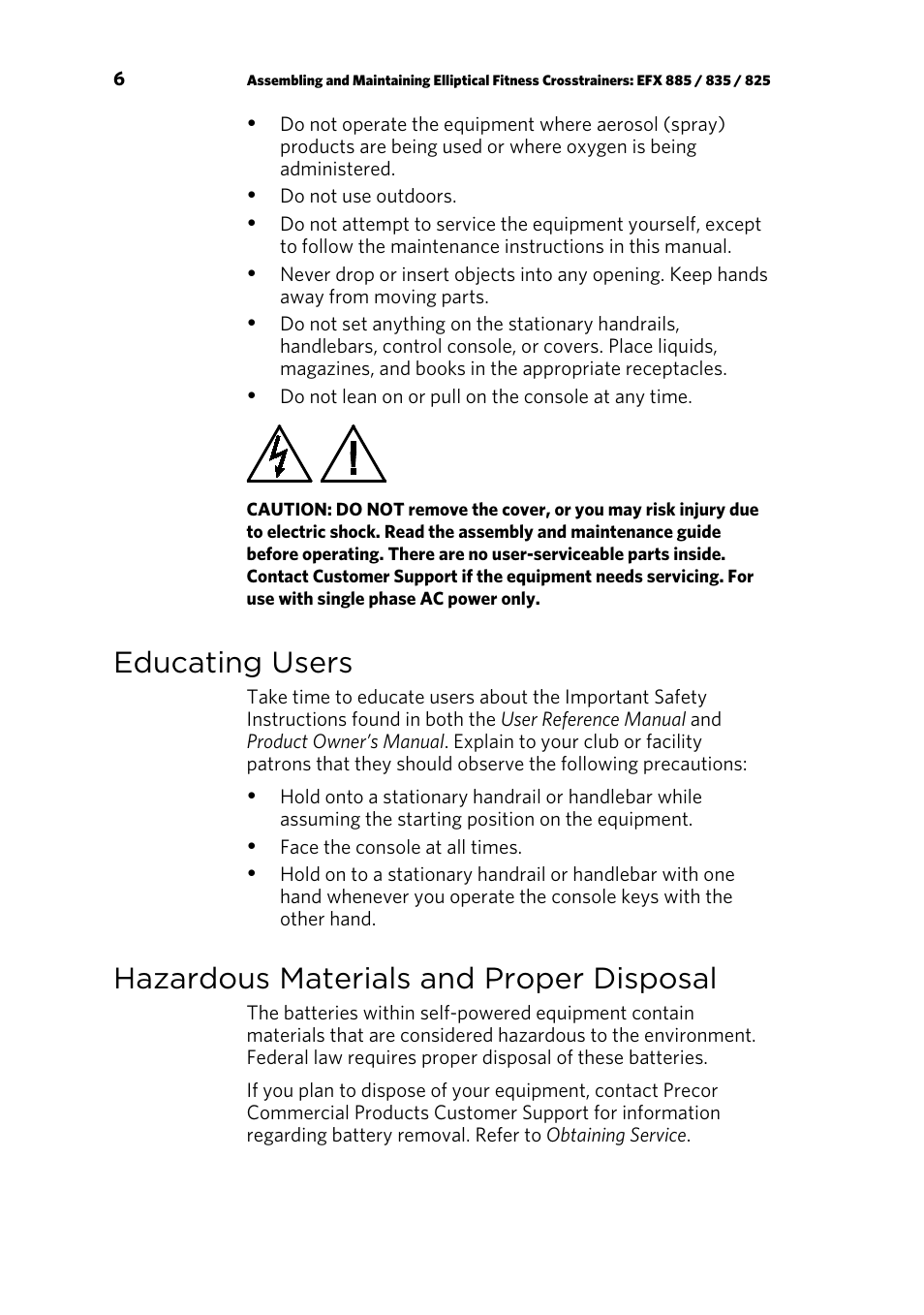 Educating users, Hazardous materials and proper disposal | Precor p20 User Manual | Page 56 / 108