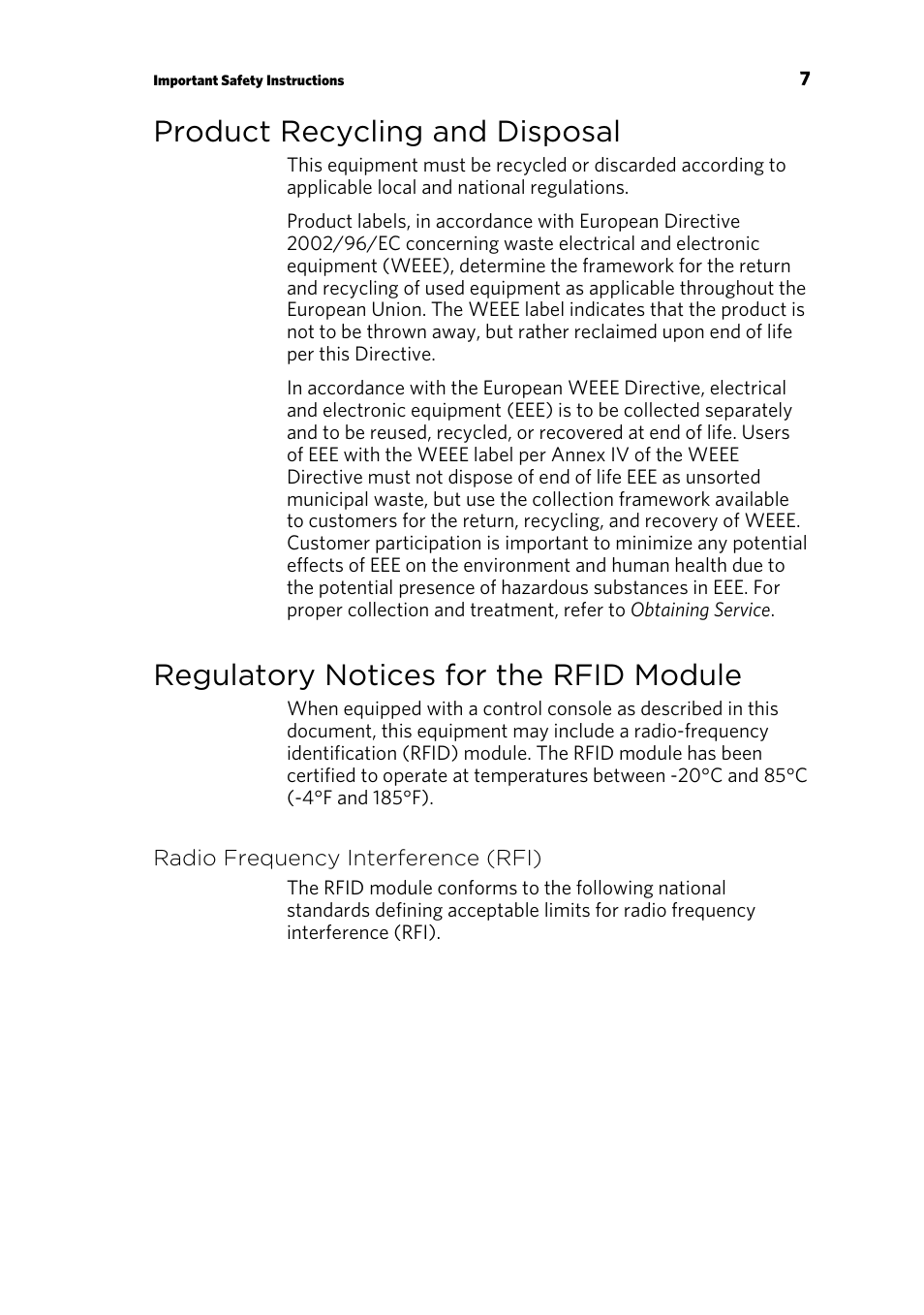 Product recycling and disposal, Regulatory notices for the rfid module | Precor p20 User Manual | Page 57 / 108