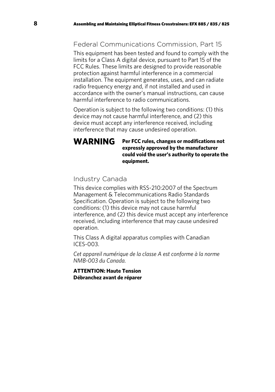 Warning | Precor p20 User Manual | Page 58 / 108