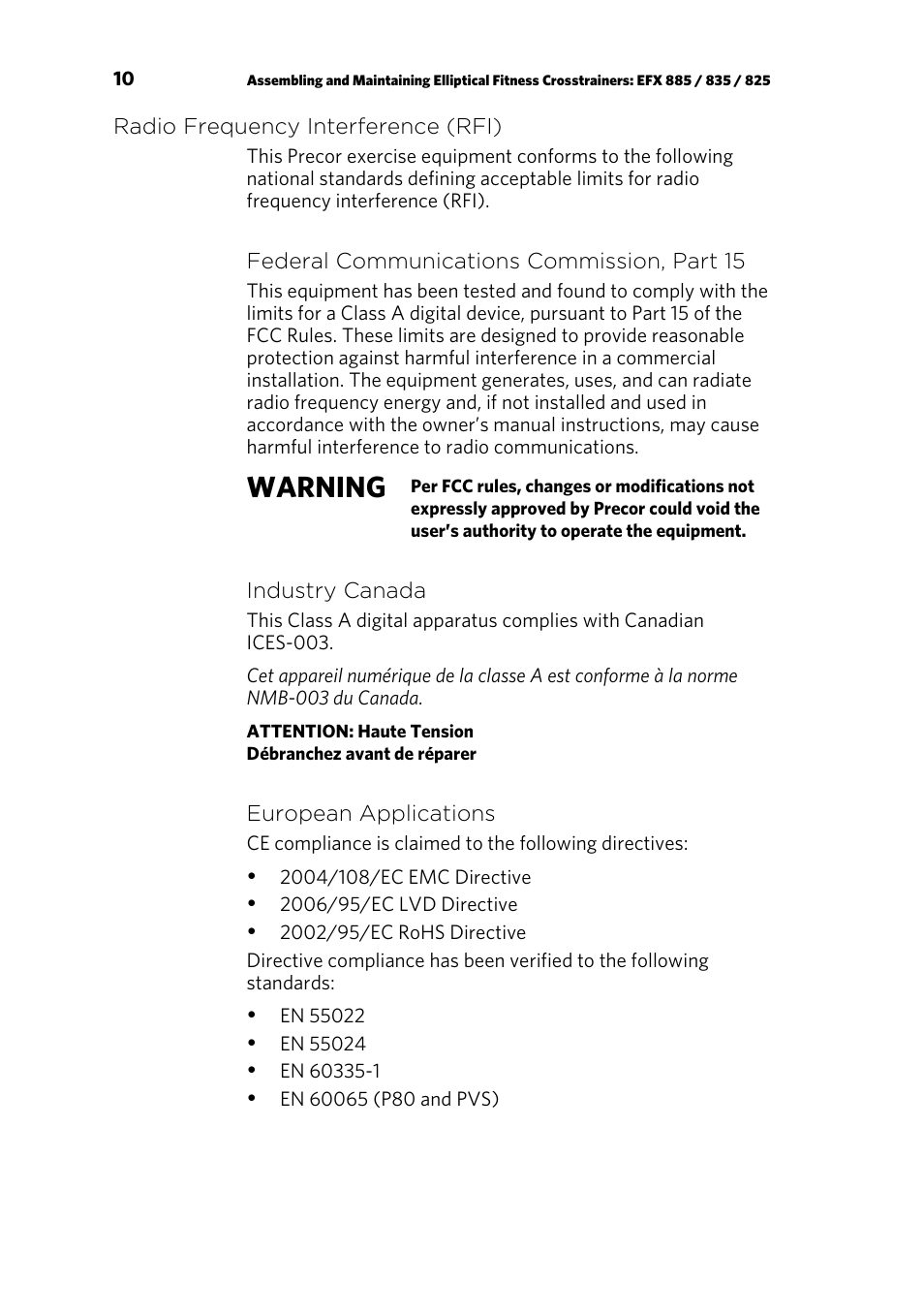 Warning | Precor p20 User Manual | Page 60 / 108